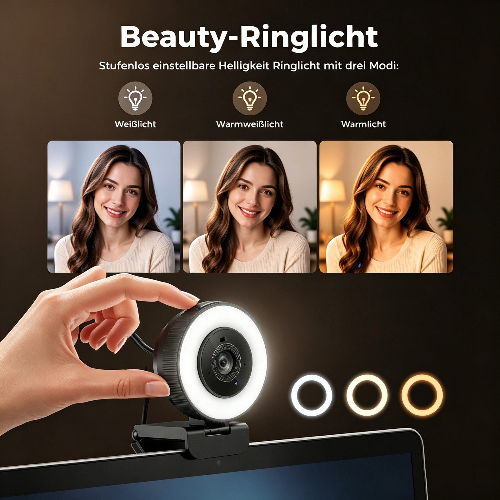 Philips SPL6408BT Webcam mit Ringlicht,2K/USB/30FPS/4MP/Autofokus/Plug & Play Webcam (2K, USB, Autofokus / 3 Beleuchtungsmodi/360° Panorama Drehung)