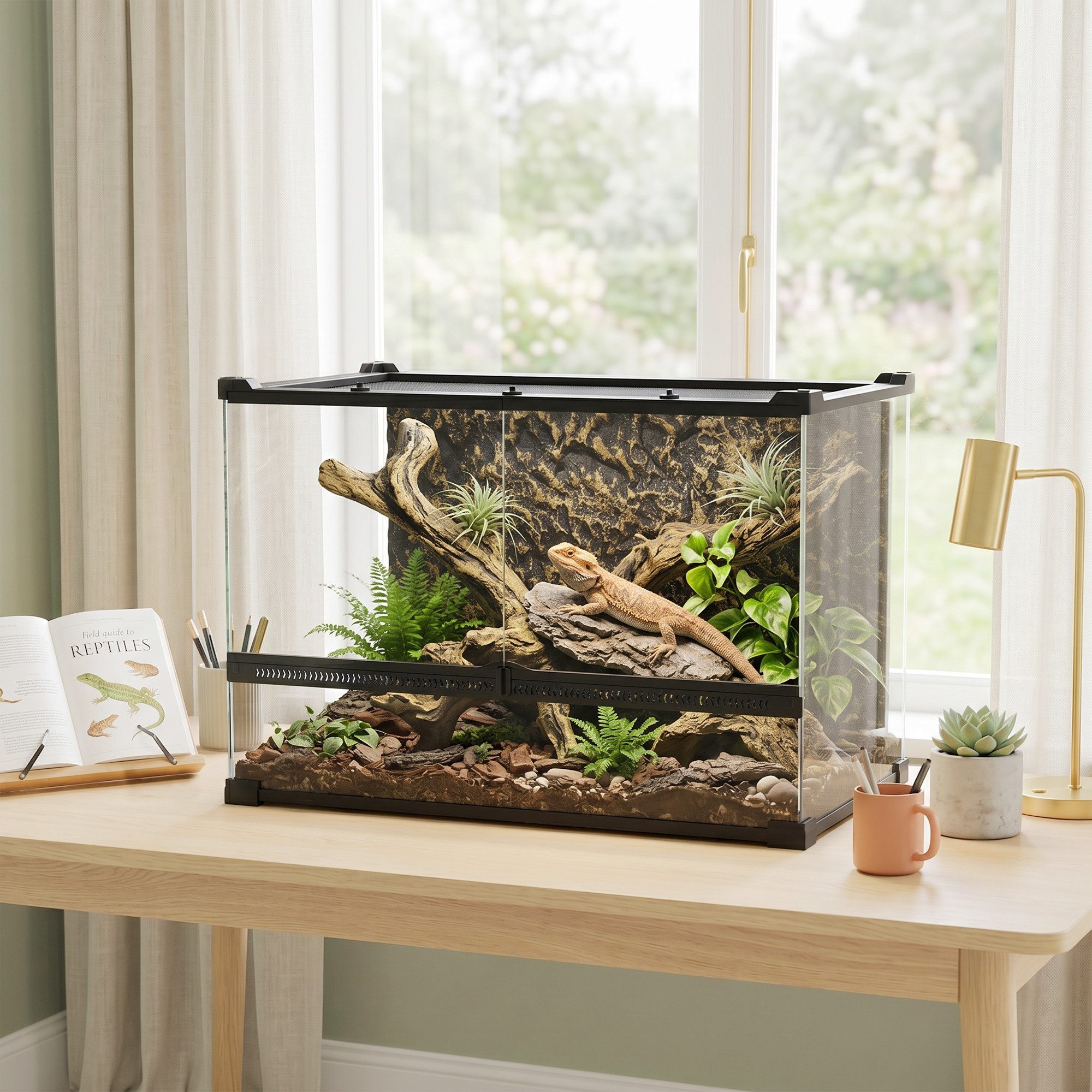 PawHut Terrarium Glasterrarium 48L Fütterungsbox mit Frontbelüftung, für Amphibien, Spinne, Schwarz, 50 x 30 x 35 cm