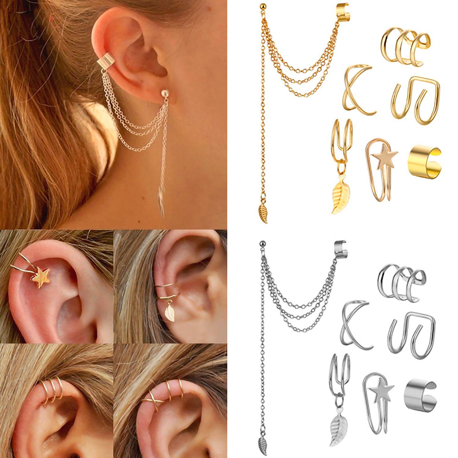 Daisred Paar Ohrclips Ohrclip-Set Ear Set Cuff Geschenkebox mit Nicht Stil2-6tlg-Gold Piercing