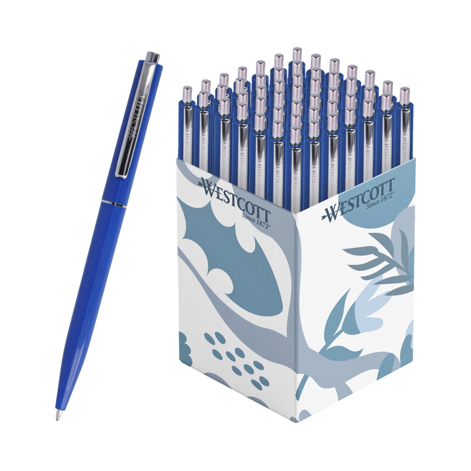 WESTCOTT Druckkugelschreiber Kugelschreiber ALLTIME Blau 50 Stück, Strichstärke M, X20 Mine, (Vorteilspack, 50-tlg), Dokumentenecht nach ISO 12757-2, Stabiler Metallclip