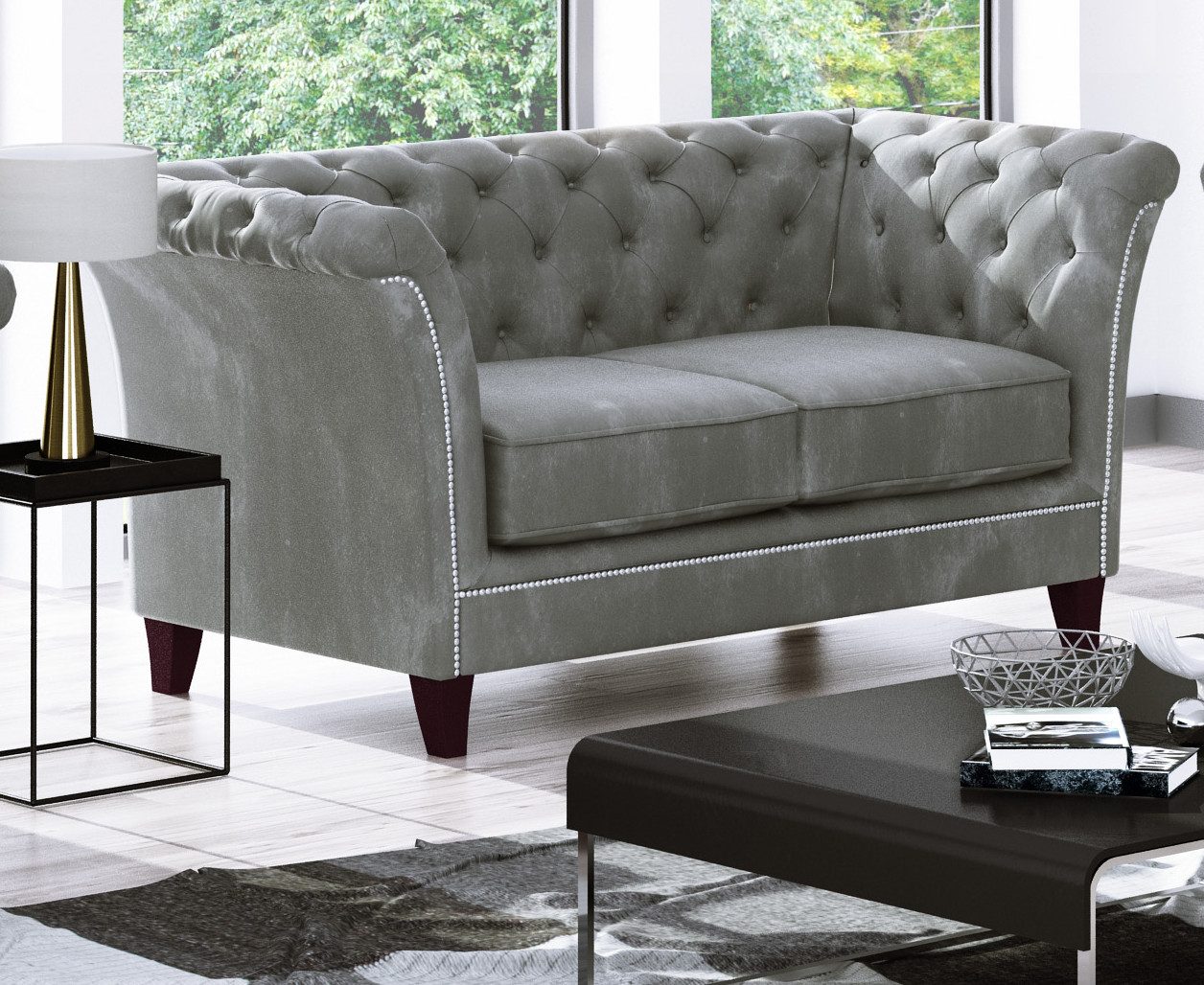 S-Style Möbel Chesterfield-Sofa Rainsburg 2-Sitzer aus Samt-Stoff mit Holzfüßen, mit Wellenfederung