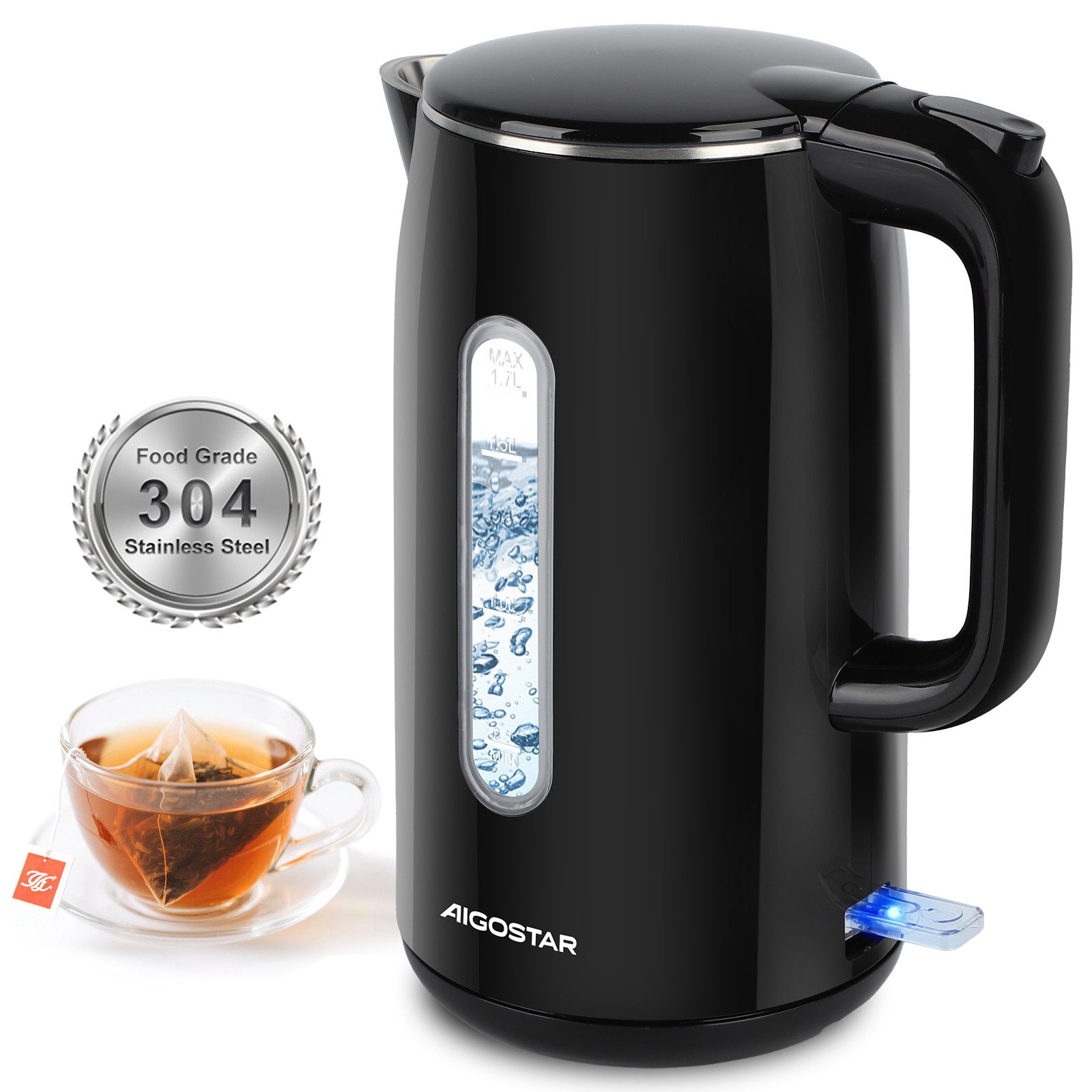Aigostar Wasserkocher Edelstahl Doppelwand Elektrischer Wasserkocher mit Wasserstandsanzeige, 1.7 l, 2200,00 W, 4 Minuten Schnell auf 100°C, BPA Frei