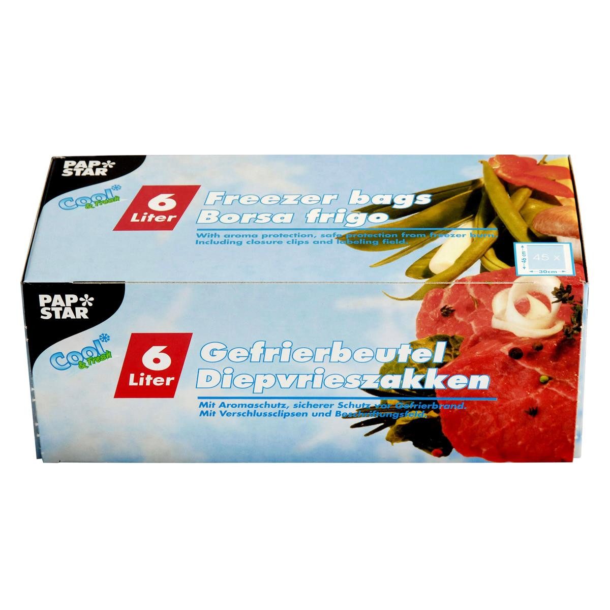 PAPSTAR Gefrierbeutel Gefrierbeutel - 6 L LLDPE-Folie transparent 45 Stück Verschlussclips