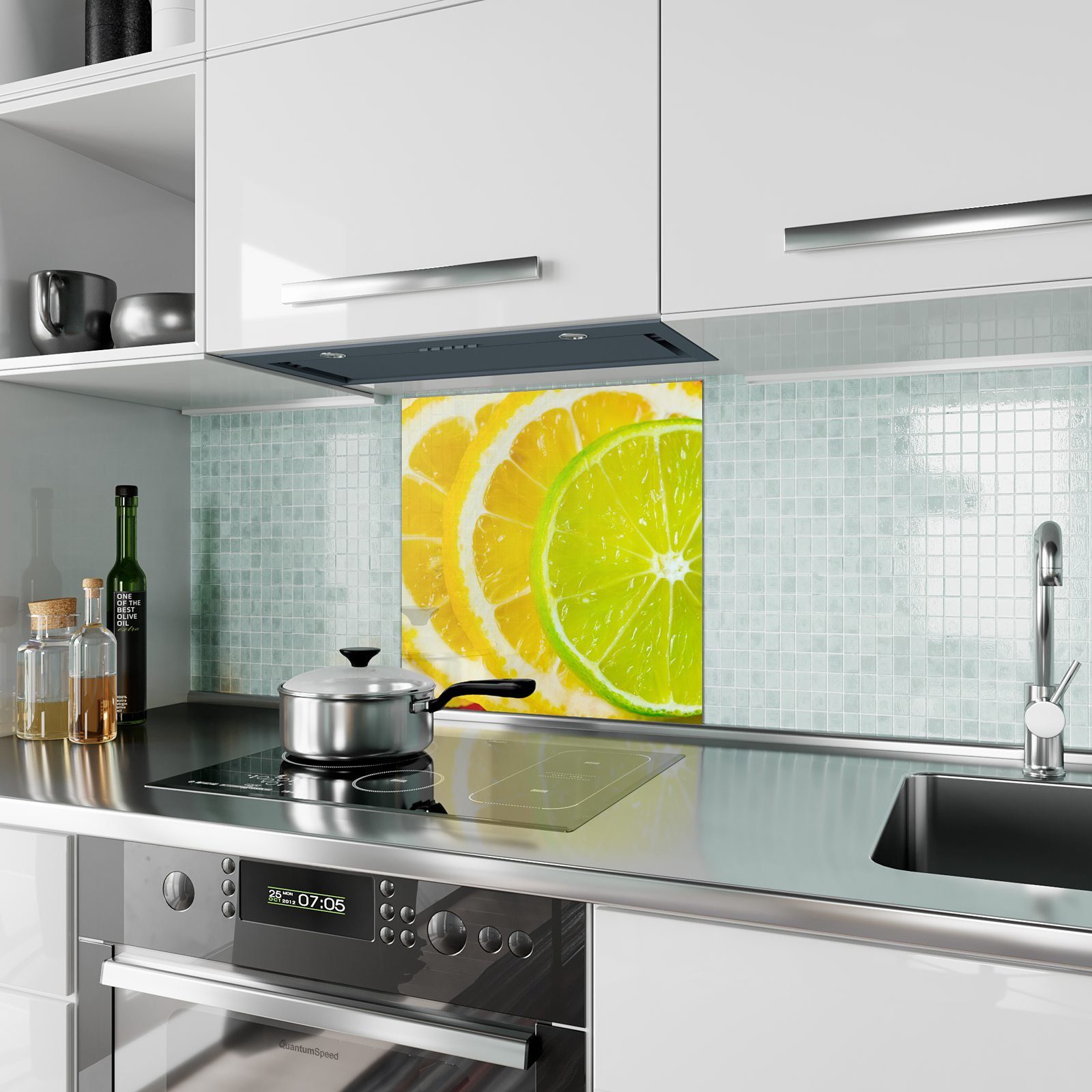 Primedeco Küchenrückwand Spritzschutz Glas Zitronenscheiben