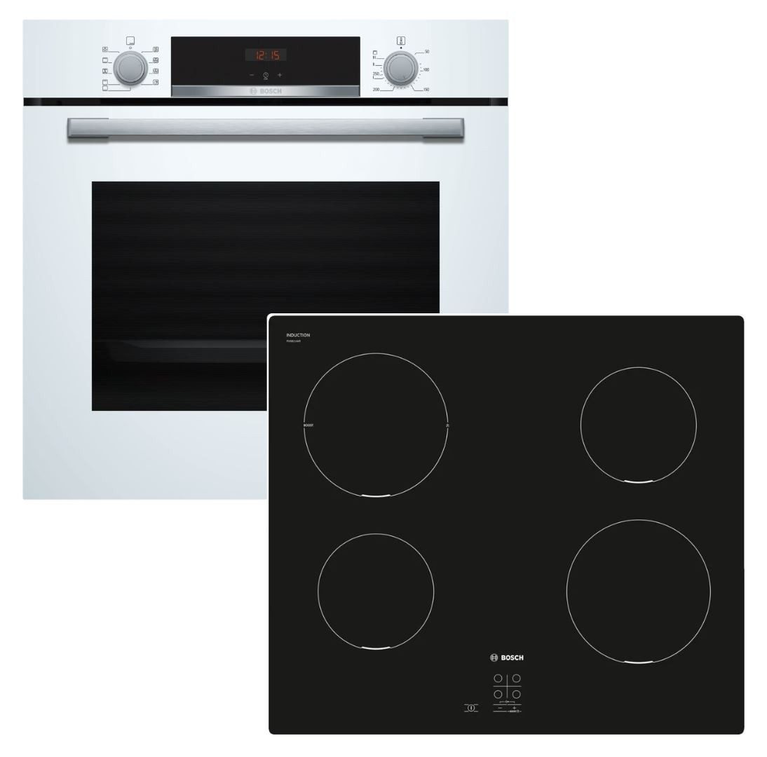 BOSCH Backofen-Set weiß HYDROLYSE Schnellaufheizung + Induktionskochfeld autark 60cm