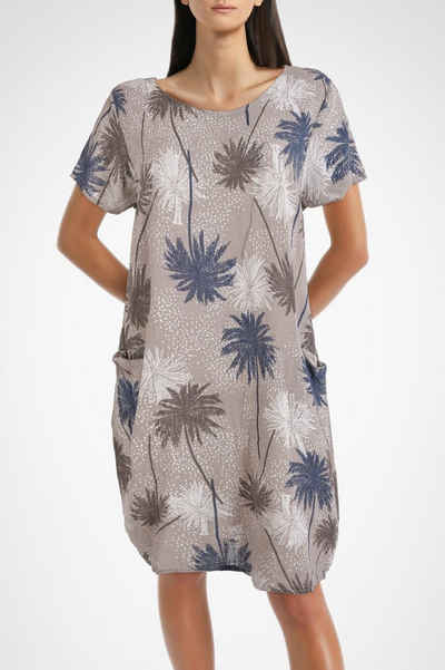 PEKIVESSA Sommerkleid Freizeitkleid Damen knielang kurzarm (Einzelartikel, 1-tlg) mit Palmenmuster