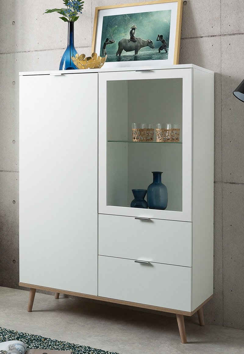 Finori Highboard Highboard Vitrine Oslo, Skandinavisch, weiß / Sonoma Eiche