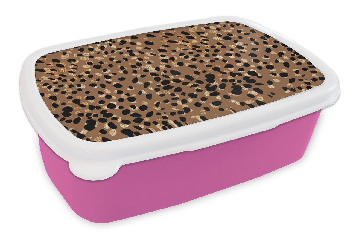 MuchoWow Lunchbox Tiermuster - Leopard - Gold - Braun, Kunststoff, (2-tlg), Brotbox für Erwachsene, Brotdose Kinder, Snackbox, Mädchen, Kunststoff rosa