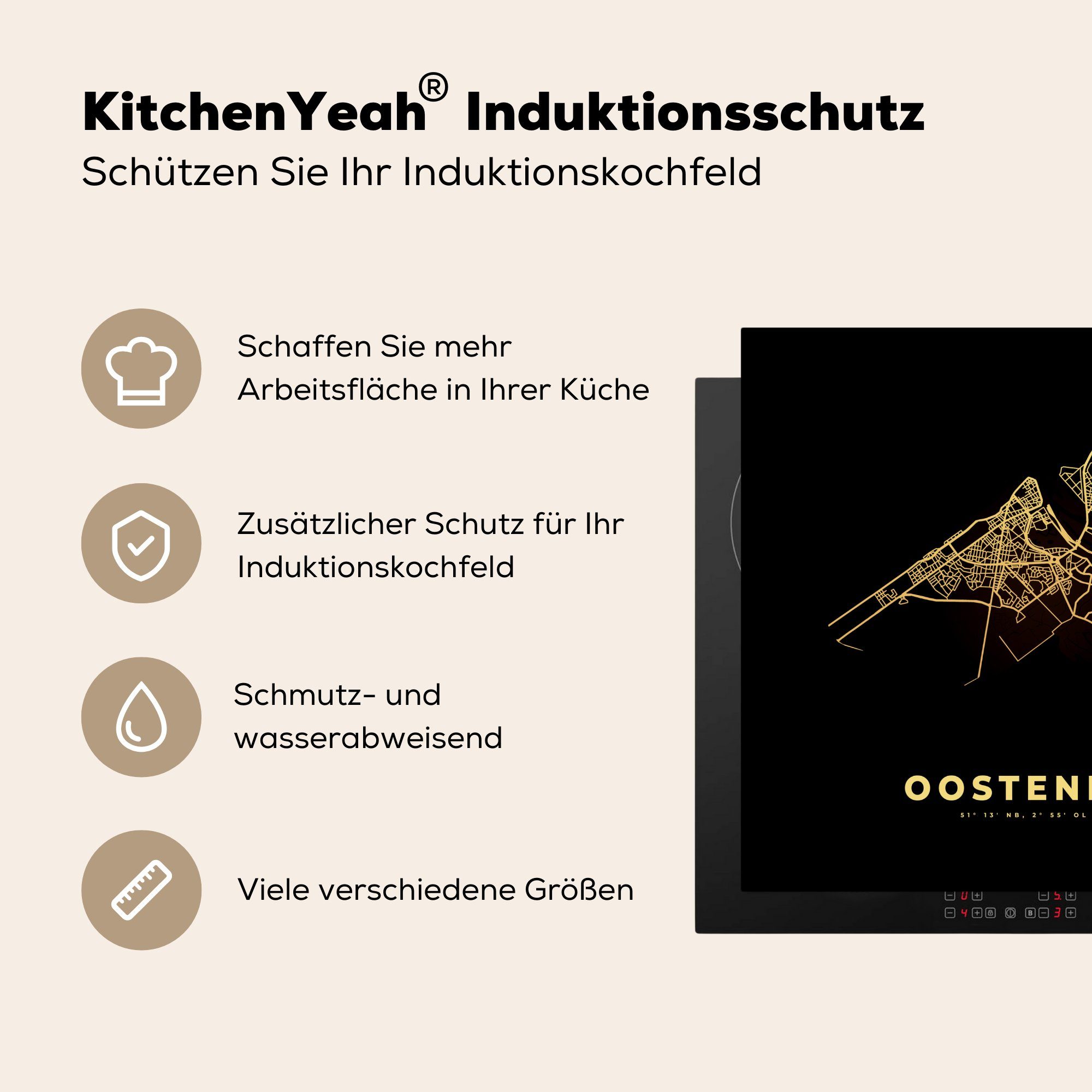 Gold Herdblende-/Abdeckplatte für küche - - MuchoWow Karte, Ceranfeldabdeckung, 78x78 Vinyl, cm, - Ostende (1 - Belgien Stadtplan Arbeitsplatte tlg),