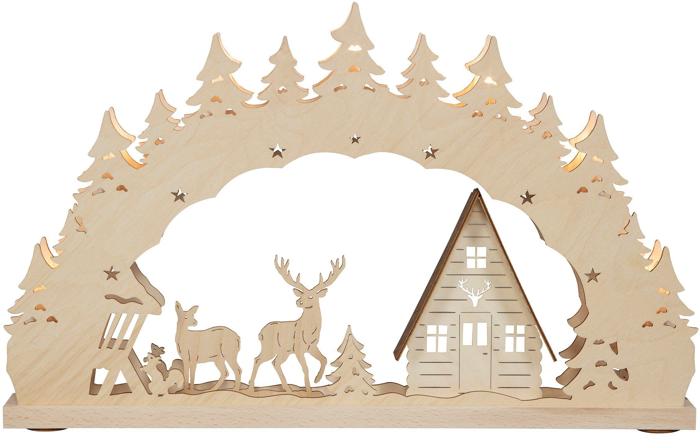 Weigla Schwibbogen Waldhaus, Weihnachtsdeko (1-tlg), FSC®-zertifiziertes Buchenholz, Riffelkerzen, 7-flammig, Höhe 32 cm