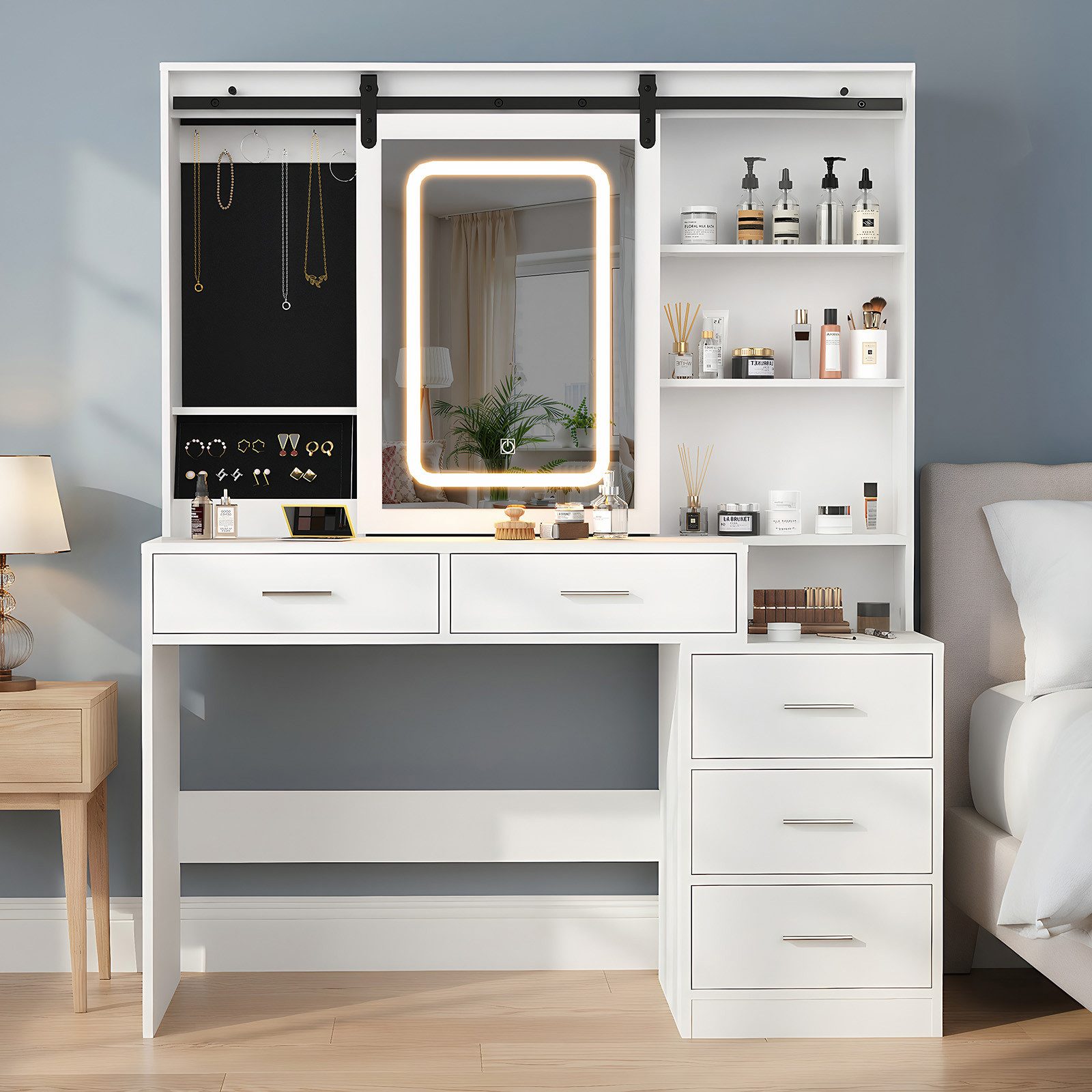 oyajia Schminktisch mit LED-Beleuchtung, Schiebespiegel (mit 5 Schubladen), 120*40*150cm Moderner,minimalistischer Stil Reichlich Stauraum Stabile