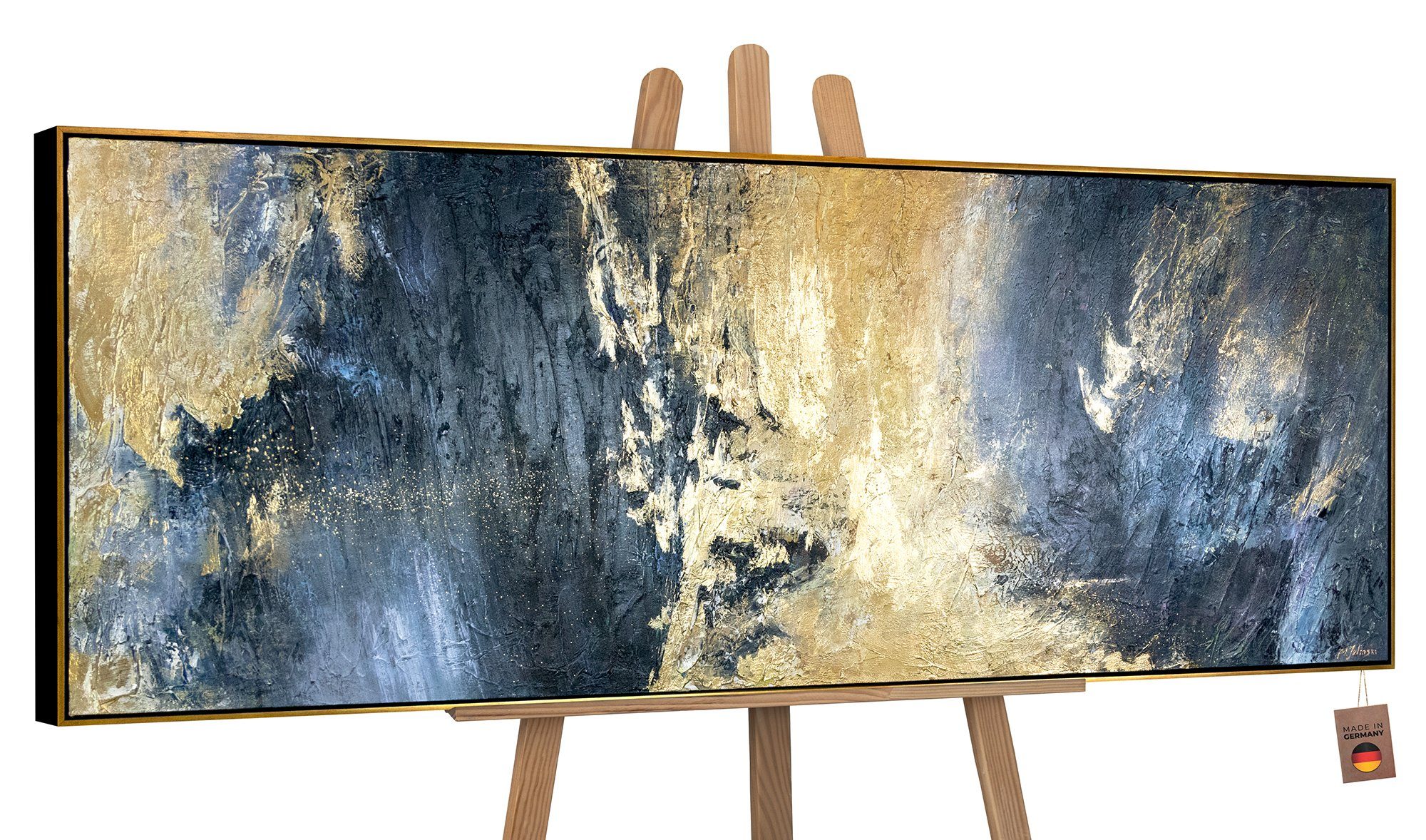 YS-Art Gemälde Spiegelungen, Bild Rahmen in Leinwand Gold mit Blau Abstraktes Handgemalt