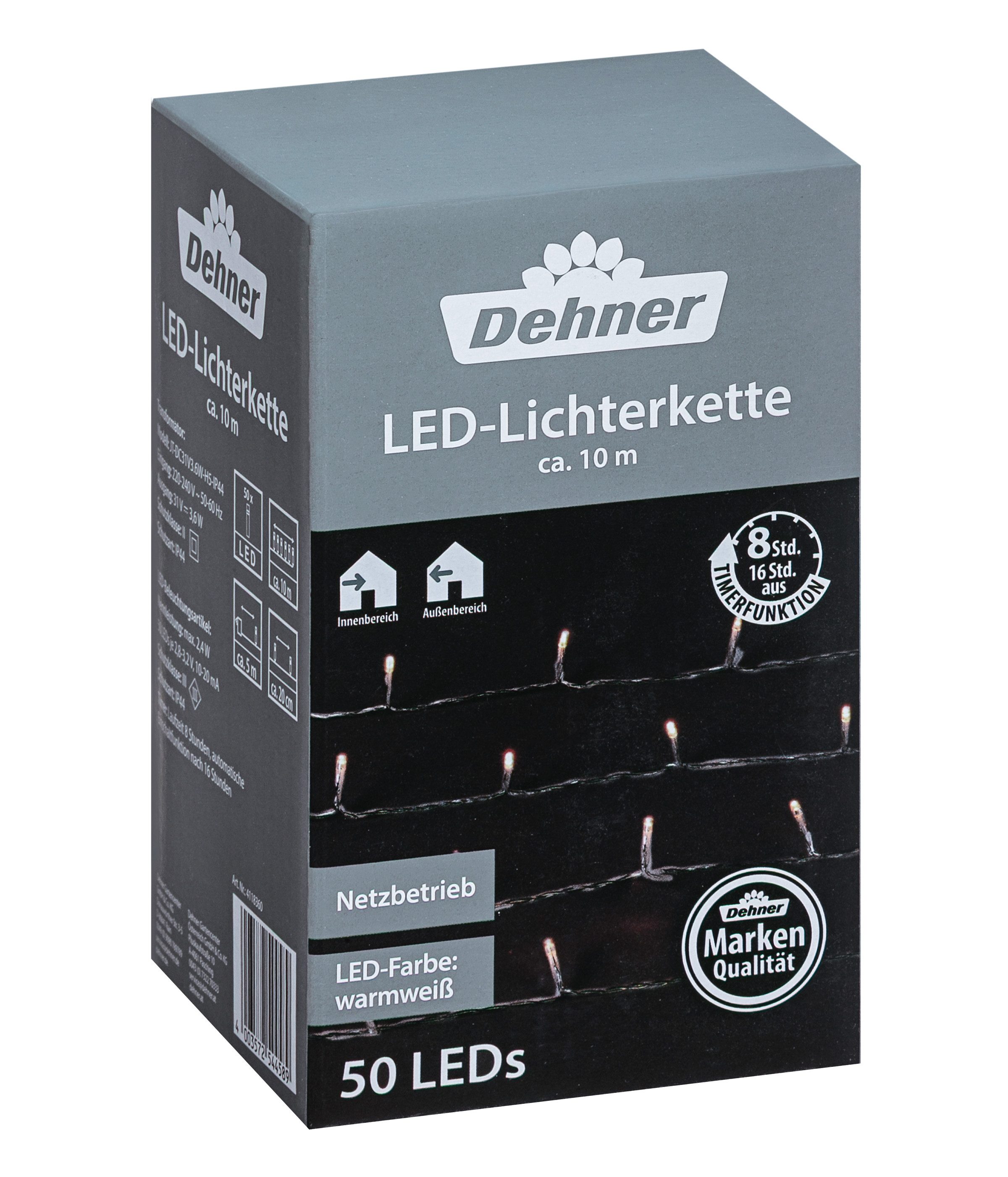 Dehner LED-Lichterkette 50 LEDs, warmweiß, Длина 10 m, Leistung 2.4 W, mit 8h Timer, Schutzklasse II/Schutzart IP44