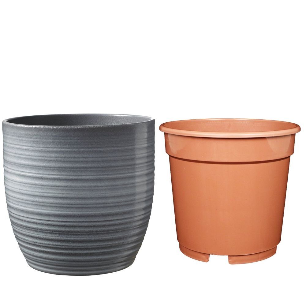 Heimwerkercenter Übertopf Set - Keramikübertopf Bergamo ø14 cm, hellgrau + Kulturtopf ø13