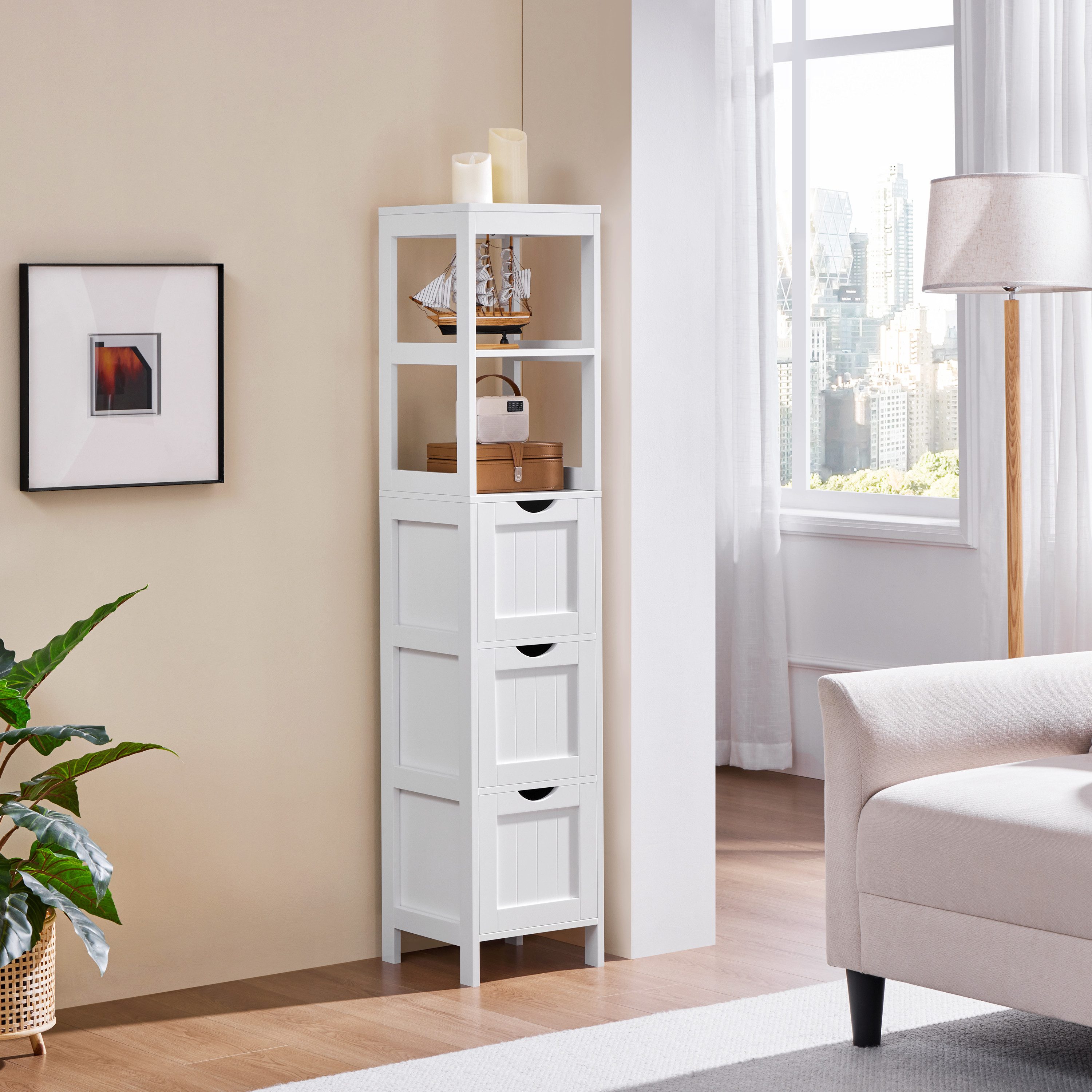 Yaheetech Hochschrank Badezimmerschrank mit 3 Schubladen & 2 Ablagefächern günstig online kaufen