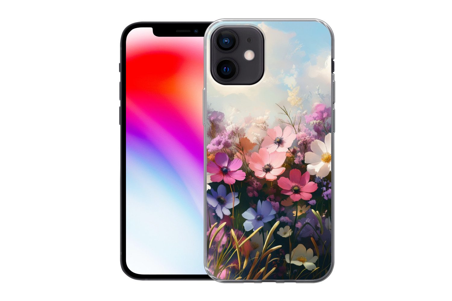 MuchoWow Handyhülle für Apple iPhone 12 Blumen - Bunt - Blühend, Smartphone-Bumper, Print, Handy Schutzhülle Dünn