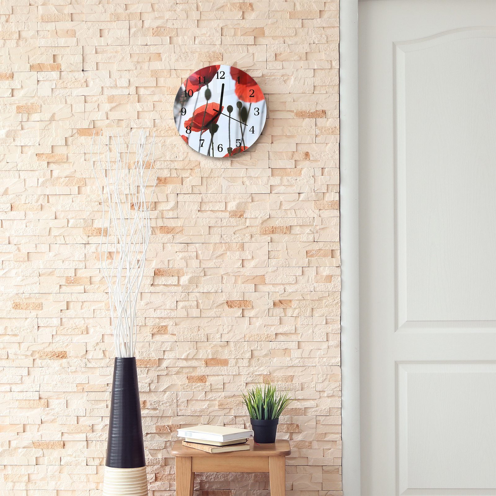 30 - aus mit Motiv und cm Blüten Primedeco Quarzuhrwerk Wanduhr Glas Rund mit Malerische Durchmesser Wanduhr