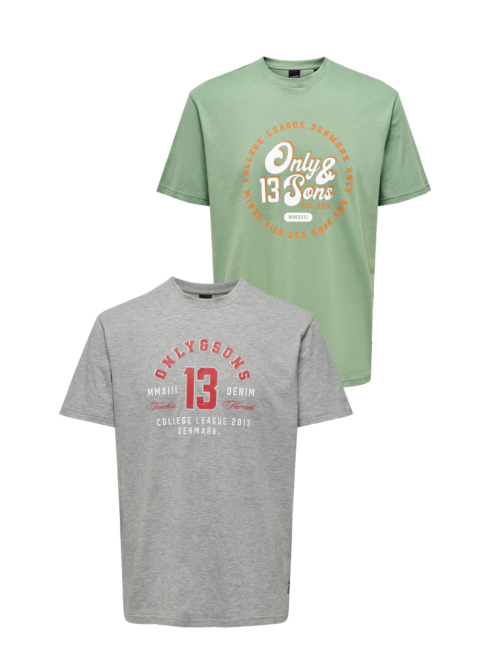 ONLY & SONS T-Shirt 2er-Set Print Rundhals Vintage Design ONSLENNY für Herren (2-tlg) ONSLENNY LIFE REG VINTAGE PRINT TEE NOOS
