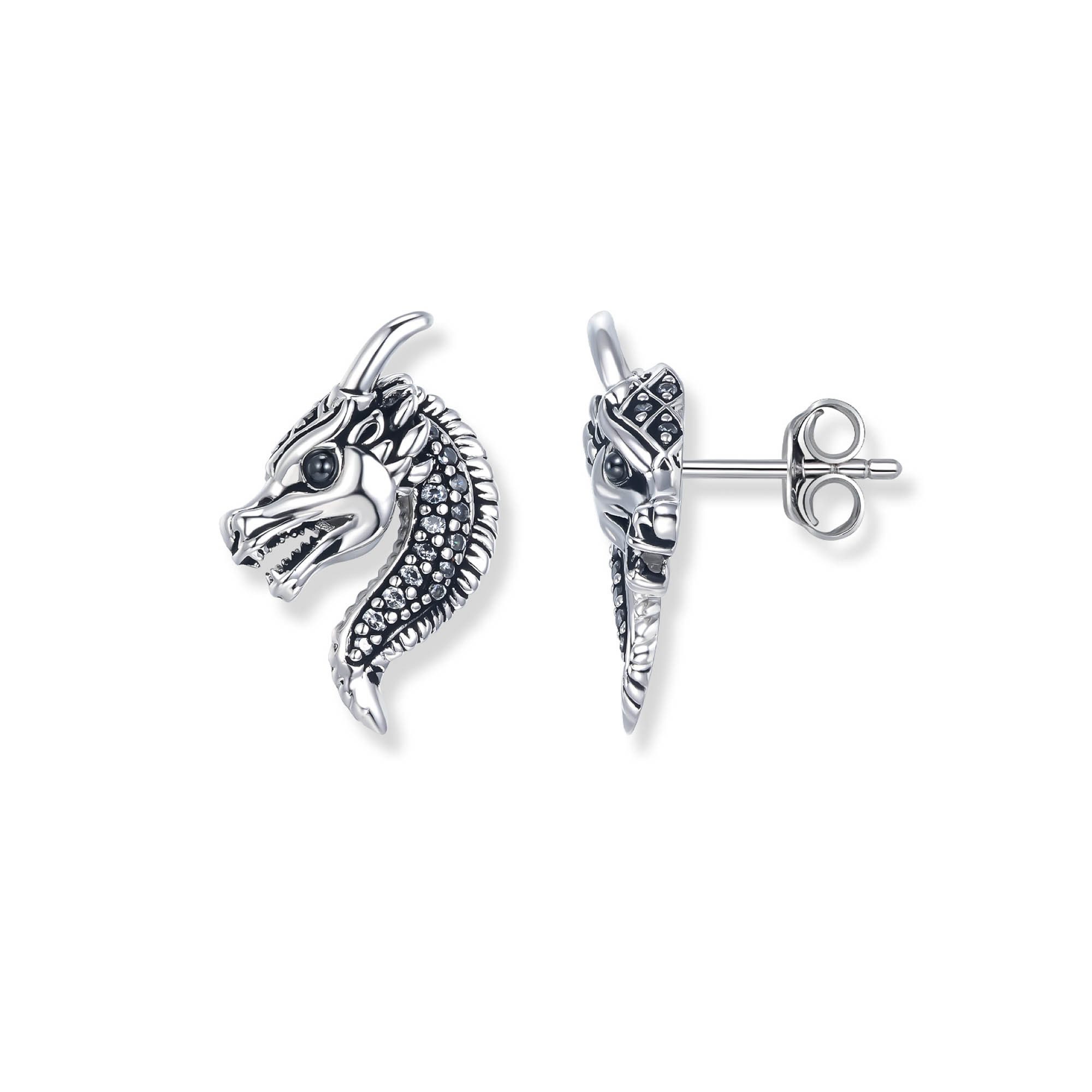 Seinerzeit FLORA & FAUNA Paar Ohrstecker Drakonis Drachen Ohrringe, Schmuck aus 925 Sterling Silber (Von der geheimnisvollen Welt der Nacht inspirierter Ohrschmuck für Damen im ausdrucksstarken Unisex-Design mit mystischem Motiv – ein besonderer Begleiter im Alltag und zu besonderen Anlässen, inkl. Geschenkverpackung für Frauen ob Freundin, Mutter, Ehefrau, Oma), rhodiniert, geschwärzt und Zirkonia-Steinen