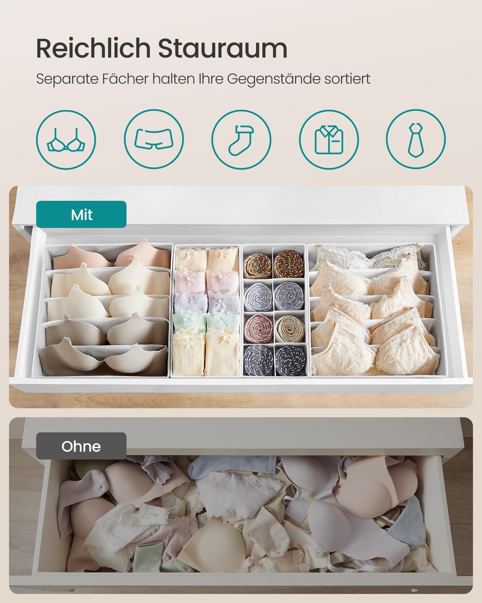 SONGMICS Aufbewahrungsbox Unterwäsche-Organizer, faltbar, Stoffboxen, für BHs Socken Krawatten (8 St), 8 Stück, Ordnungssystem Kleiderschrank, Aufbewahrungsbox  – Bild 4 von 5