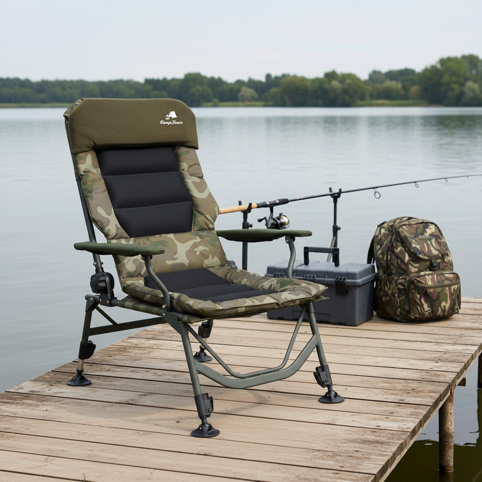 CampFeuer Angelstuhl Angelstuhl, Camouflage olivgrün, Höhenverstellbarer Campings, Extra breite Schlammfüße verhindern das Einsinken in den Sand/Schlamm