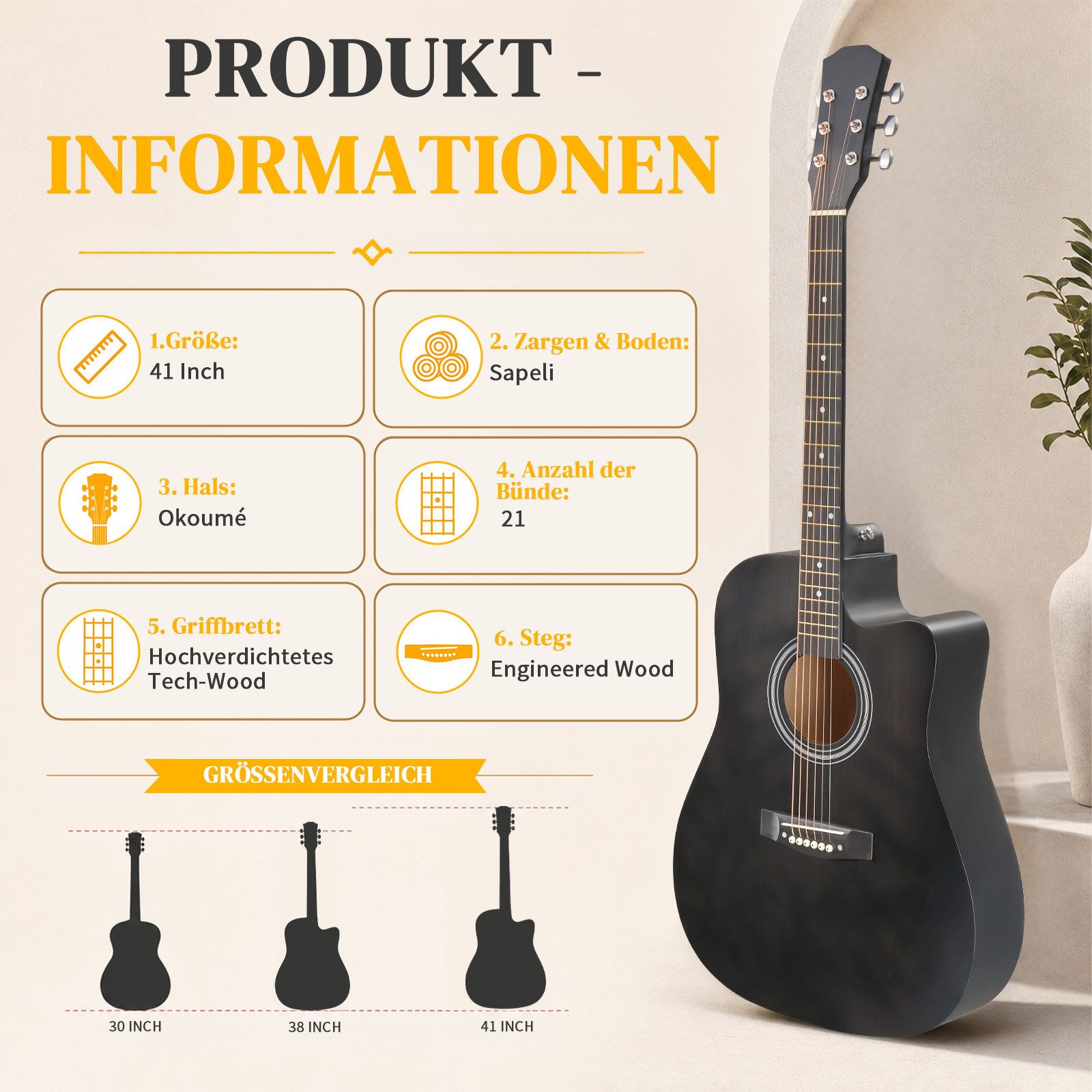 LALAHO Akustikgitarre 41 Inch Hartholz Cutaway mit Griffbrett,Konzertgitarre Westerngitarren, Set inkl. Tasche, Ersatzsaiten, Gurt und Plektren – Bild 4 von 5