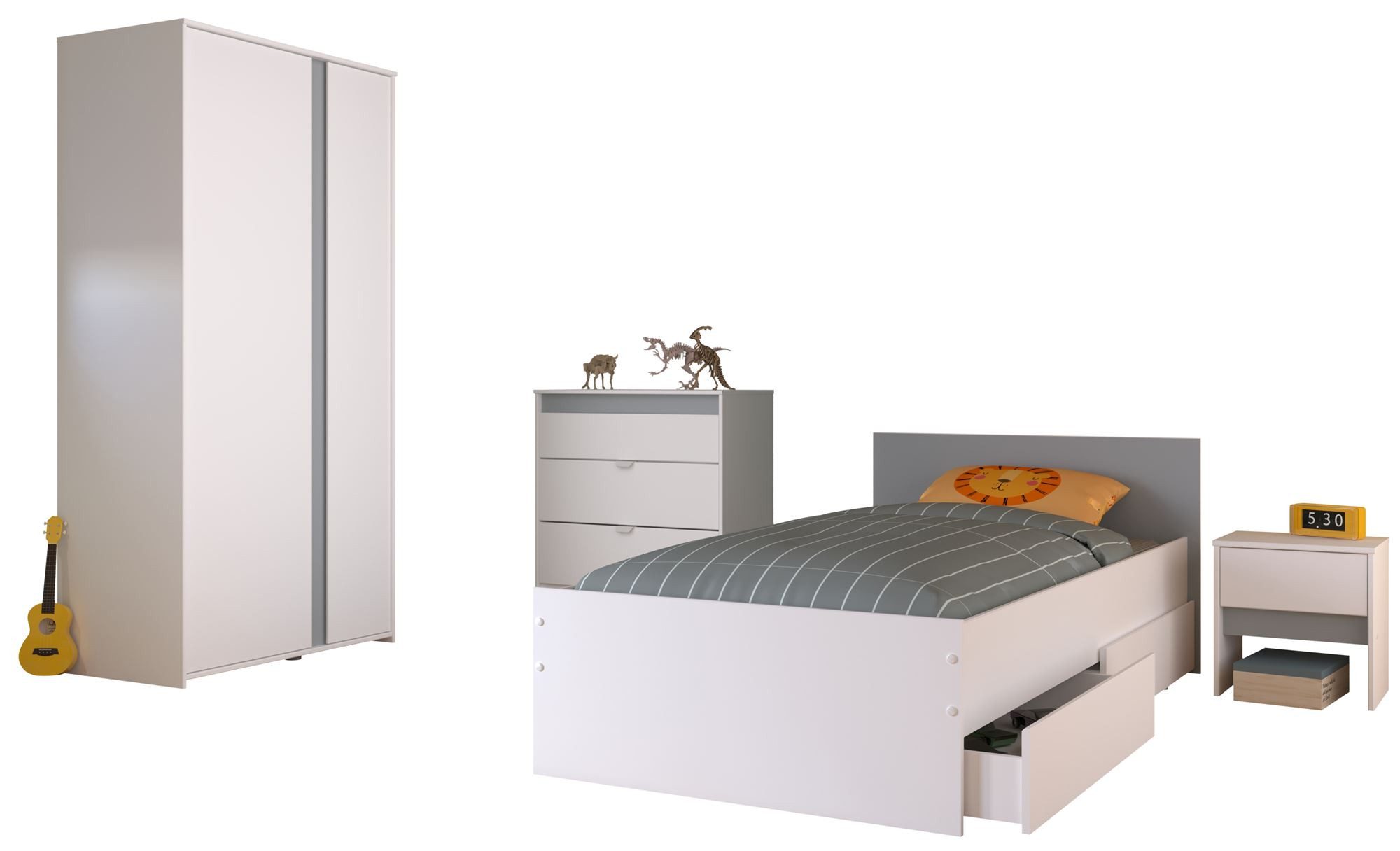 58 aufm Kessel Jugendzimmer-Set Kinderzimmer-Set 5-tlg. Parisot Pirouette 22 Holzdekor Weiß, (inkl. Versand, Lieferung bis Verwendungsstelle), Komplettzimmer mit Bett 90x200 Schubladen Schrank 2-trg. NaKo Kommode