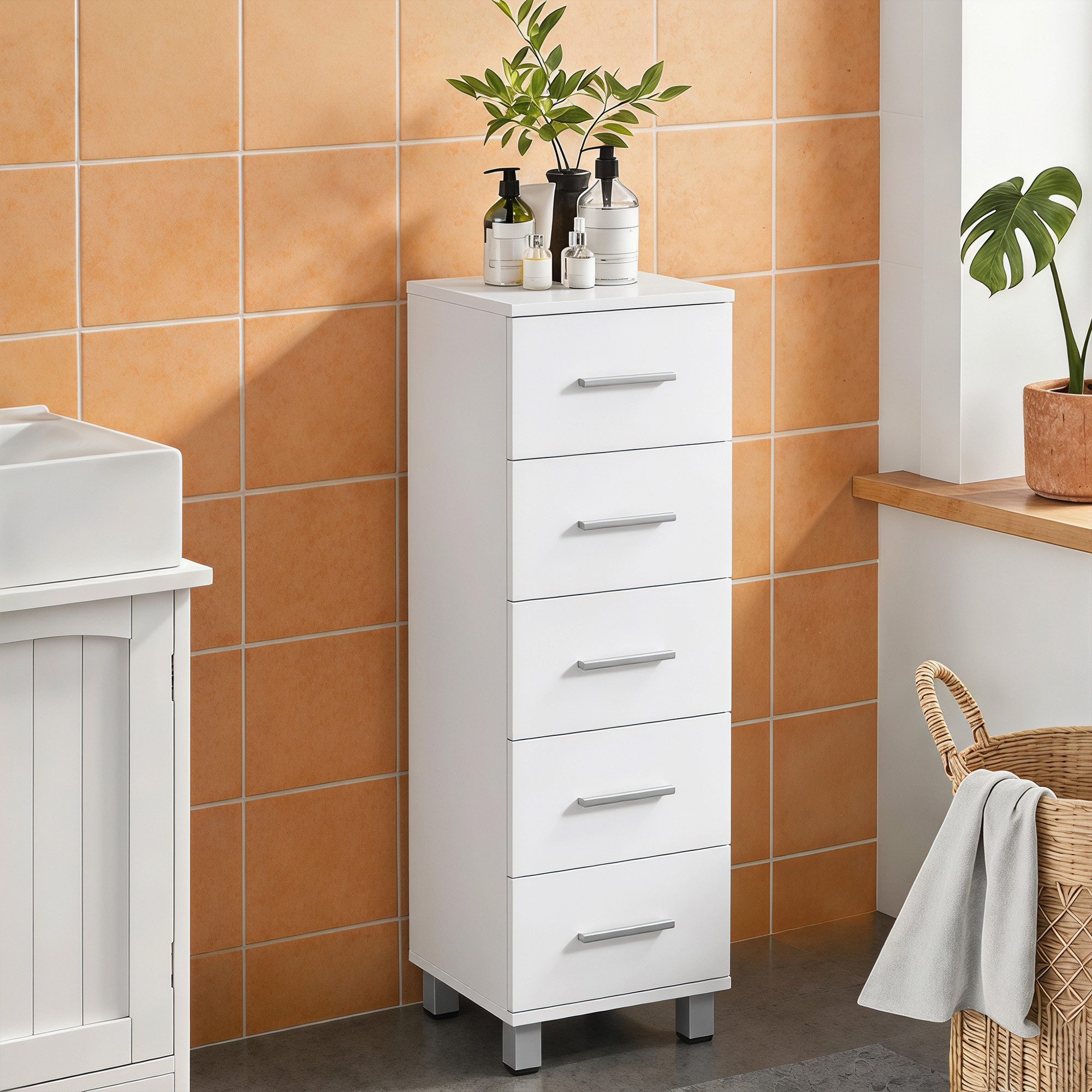 HOMCOM Badkommode Badezimmerschrank mit 5 Schubladen Toilettenschrank Badezimmer (Aufbewahrungsschrank, 1 St., Kommodenschrank), für Schlafzimmer, Flur, Wohnzimmer, 30 x 30 x 95 cm, Weiß
