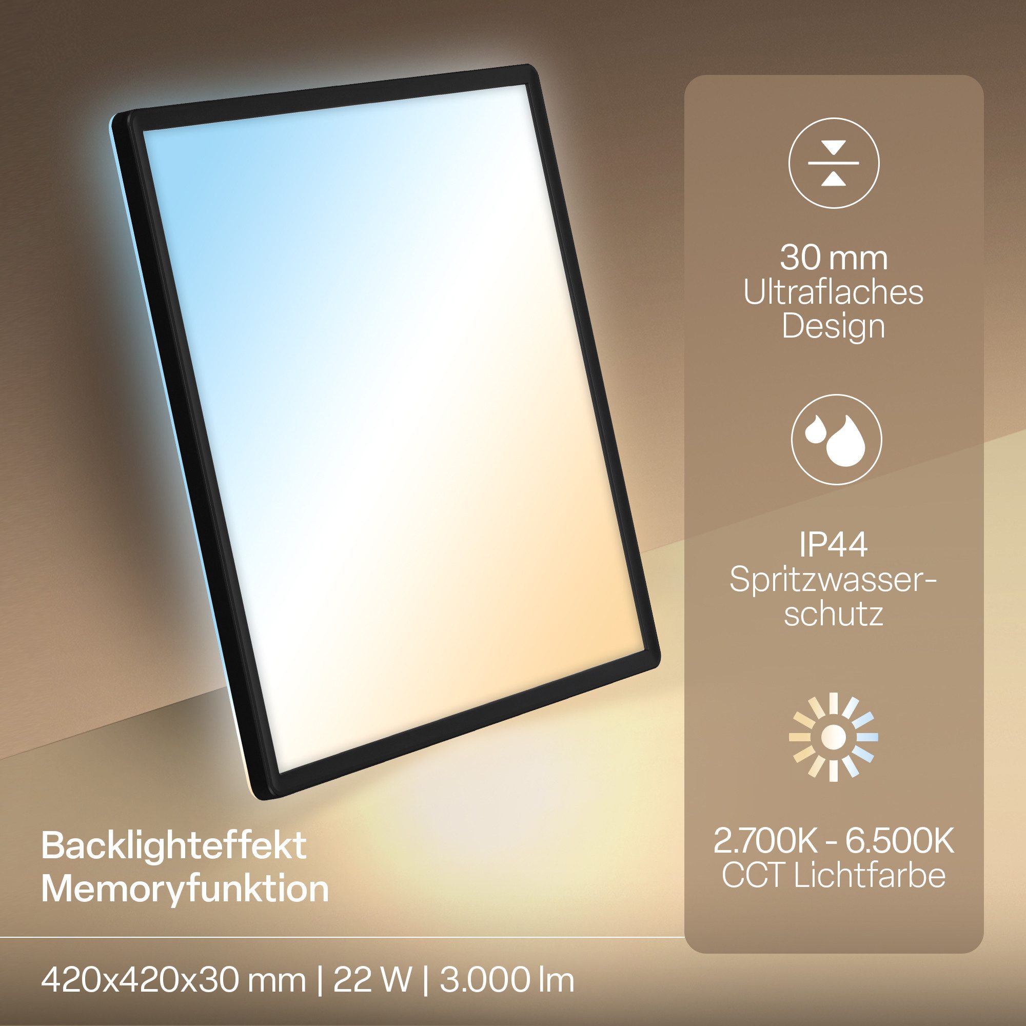B.K.Licht LED Panel Deckenleuchte Wohnzimmer Flach Fernbedienung CCT Dimmbar IP44, LED fest integriert, CCT-Farbtemperatursteuerung, Badlampe, Badezimmer, Küche, Wohnzimmer