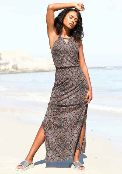 LASCANA Maxikleid mit modischem Ausschnitt im Alloverdruck, Sommerkleid, Strandkleid