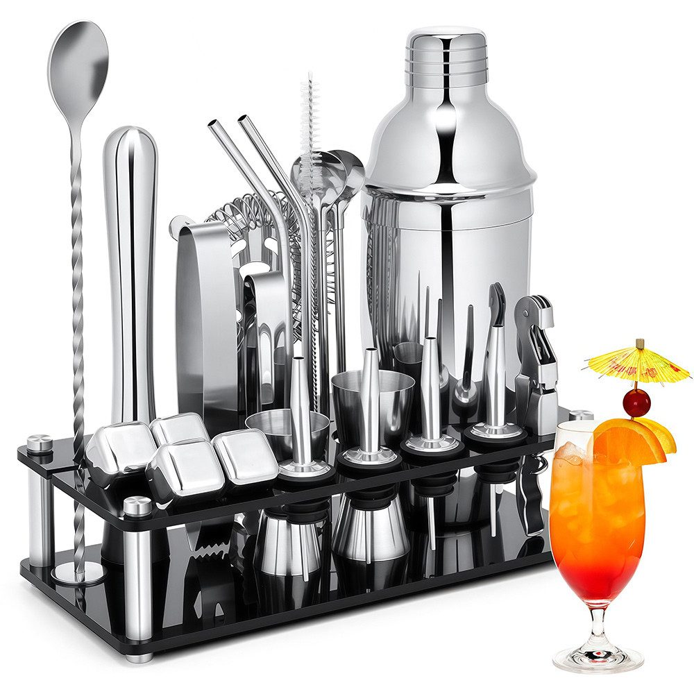 PFCTART Cocktail-Set 23-teilig mit Ständer – 750 ml Cocktail Shaker aus Edelstahl, (Set, 23-tlg., Bar Zubehör für Zuhause, Party & Geschenk – Inkl. Acryl-Halterung), Barkeeper Set mit Rezeptbuch, Messbecher, Barsieb & Eissteinen