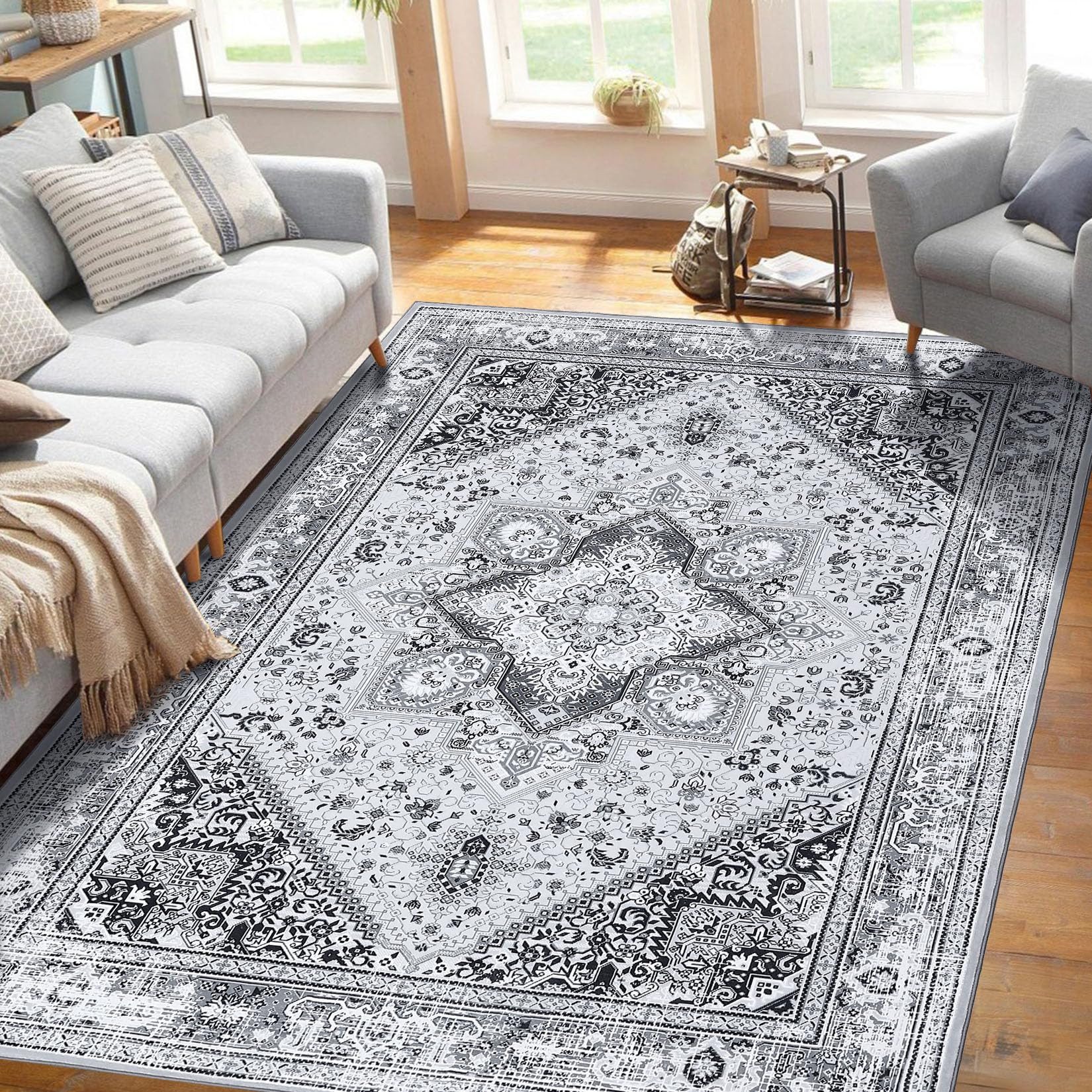 GarveeMore Teppich Vintage Anmut Orientteppich Niedrigflor-Teppich Designteppich, rechteckig, Maschinenwaschbar Rutschfest für Wohnzimmer, Schlafzimmer, Küche, Flur