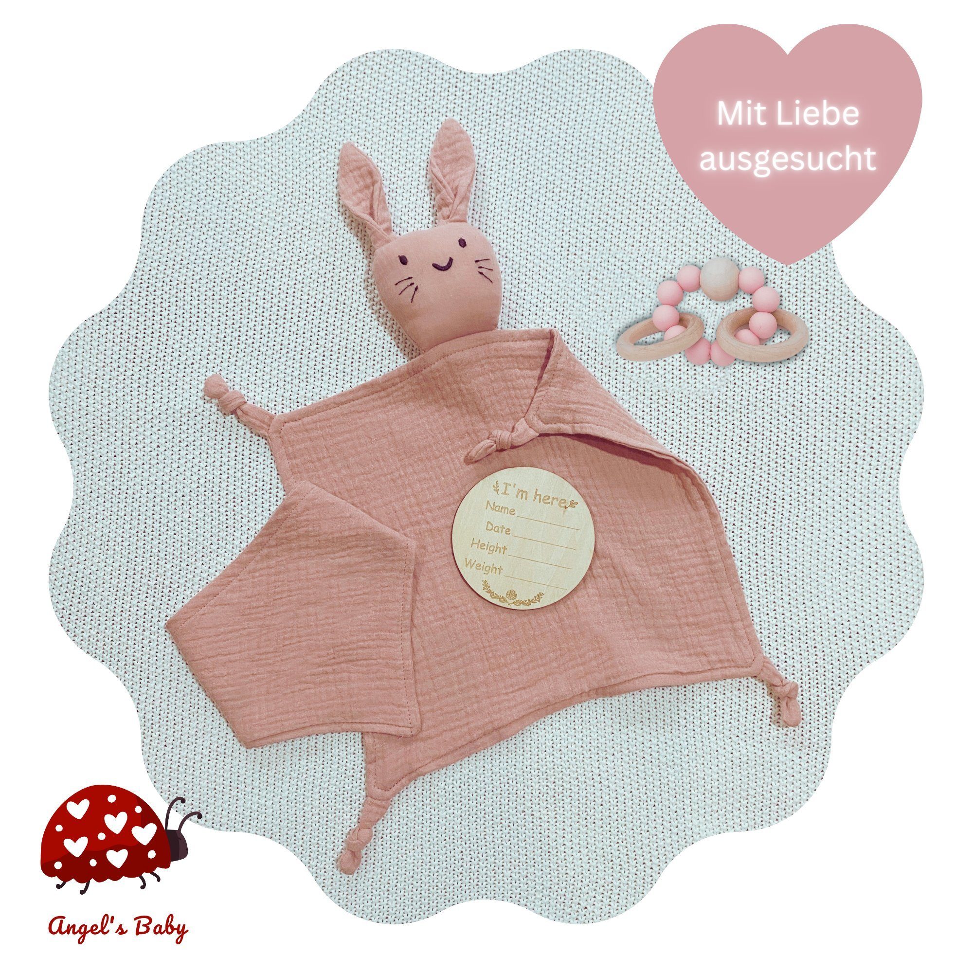 Angel's Baby Neugeborenen-Geschenkset mit Beißring Geburt Geschenkverpackung Schnuffeltuch, gratis mit Rosa + Teile (Set, Grußkarte, zur + Geschenkbox Geschenk Grußkarte) 4