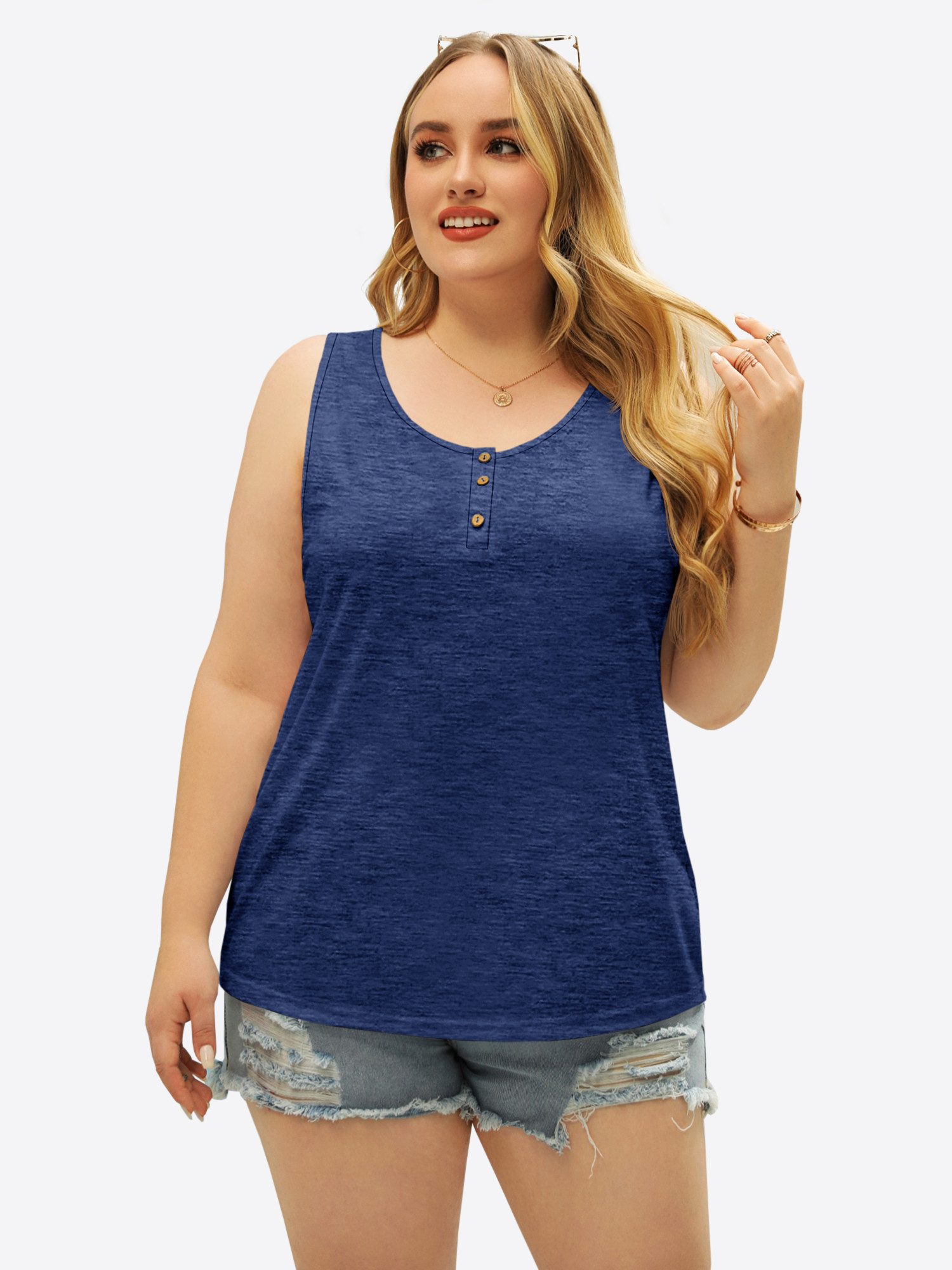 Imily Bela Tanktop Damen Plus Size Ärmelloses Henley-Sommershirt (Packung, 1-tlg., 1per-Pack) Einfarbig