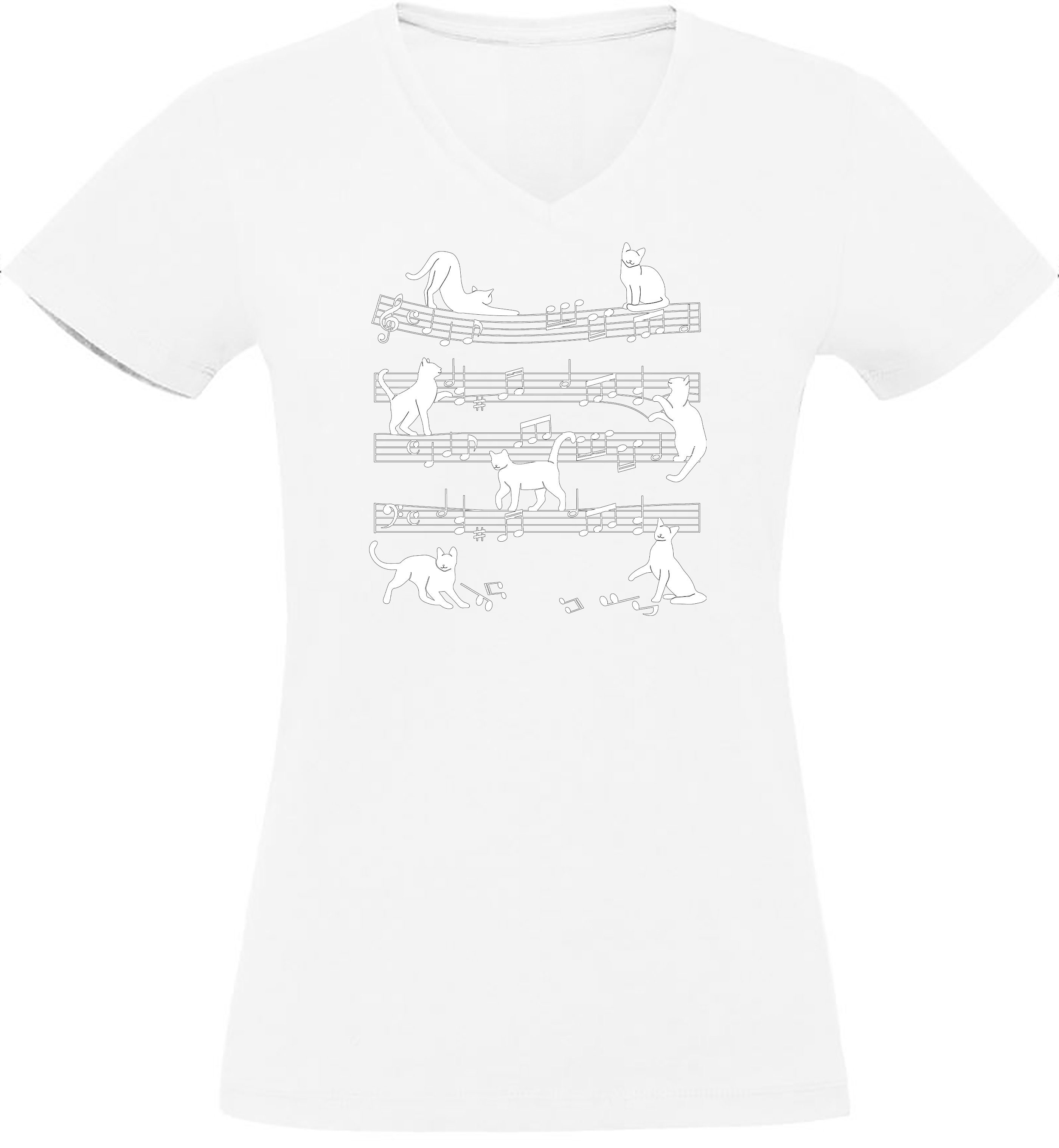 MyDesign24 T-Shirt Damen Katzen Print Shirt bedruckt - Musiknoten mit Katze günstig online kaufen