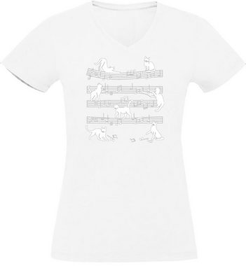 MyDesign24 T-Shirt Damen Katzen Print Shirt bedruckt - Musiknoten mit Katze Baumwollshirt mit Aufdruck, Slim Fit, i116