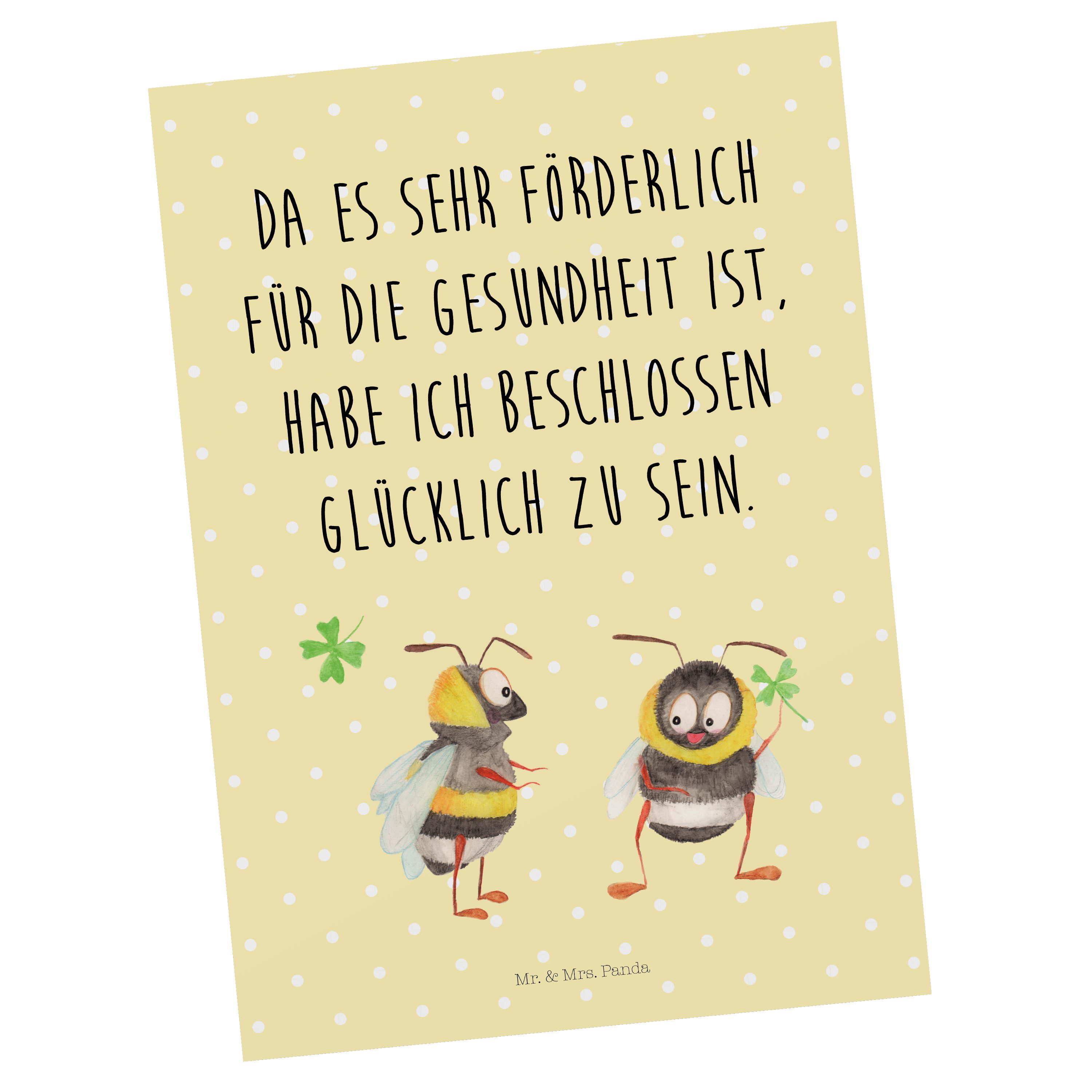 Mr. & Mrs. Panda Postkarte Hummeln mit Kleeblatt - Gelb Pastell - Geschenk, Einladungskarte, Bie