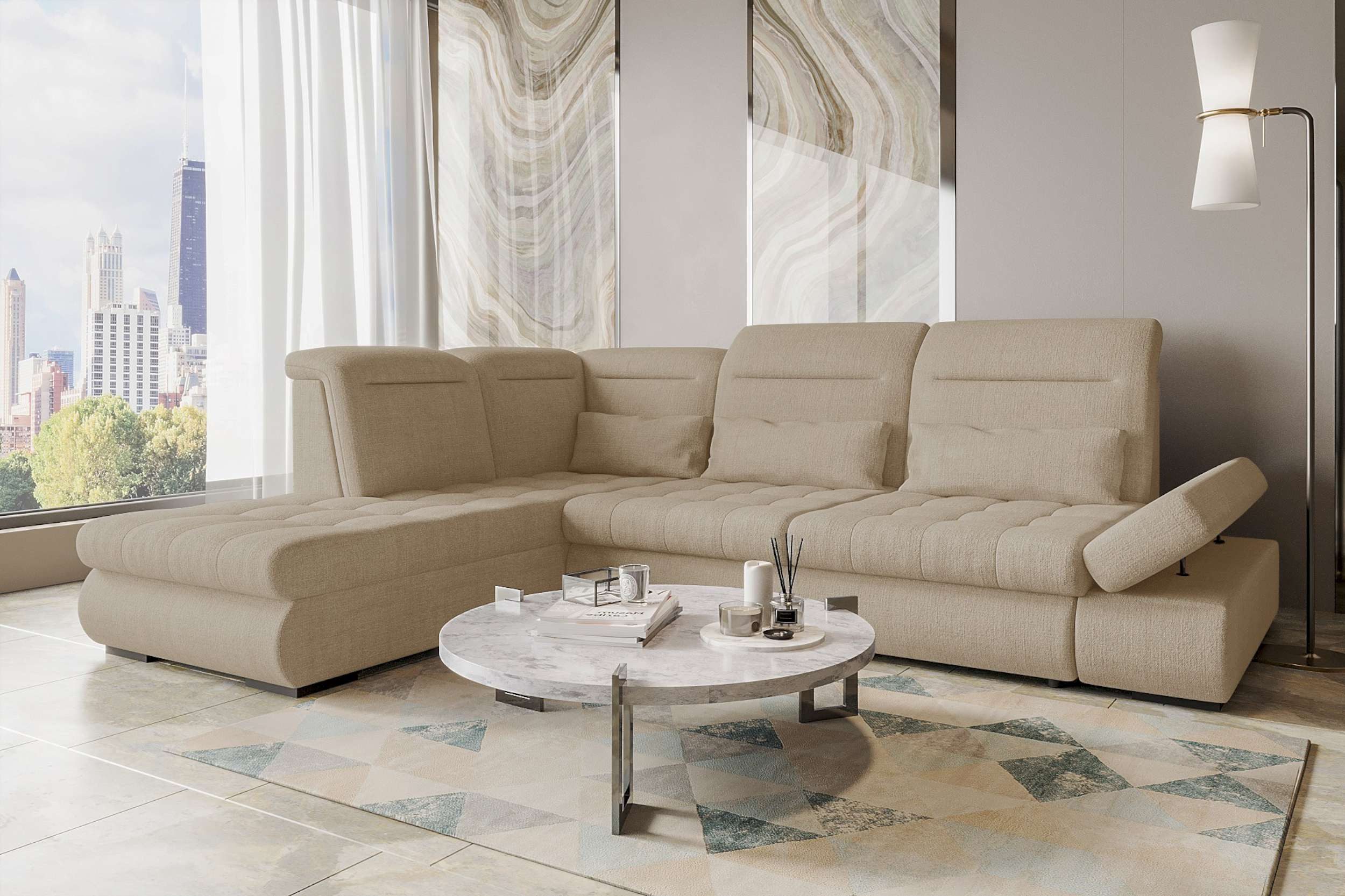 99rooms Ecksofa Toscana, Sofa L-Form, Eckcouch, Bettfunktion, Rundumbezug aus gepolstertem Velours VOGUE