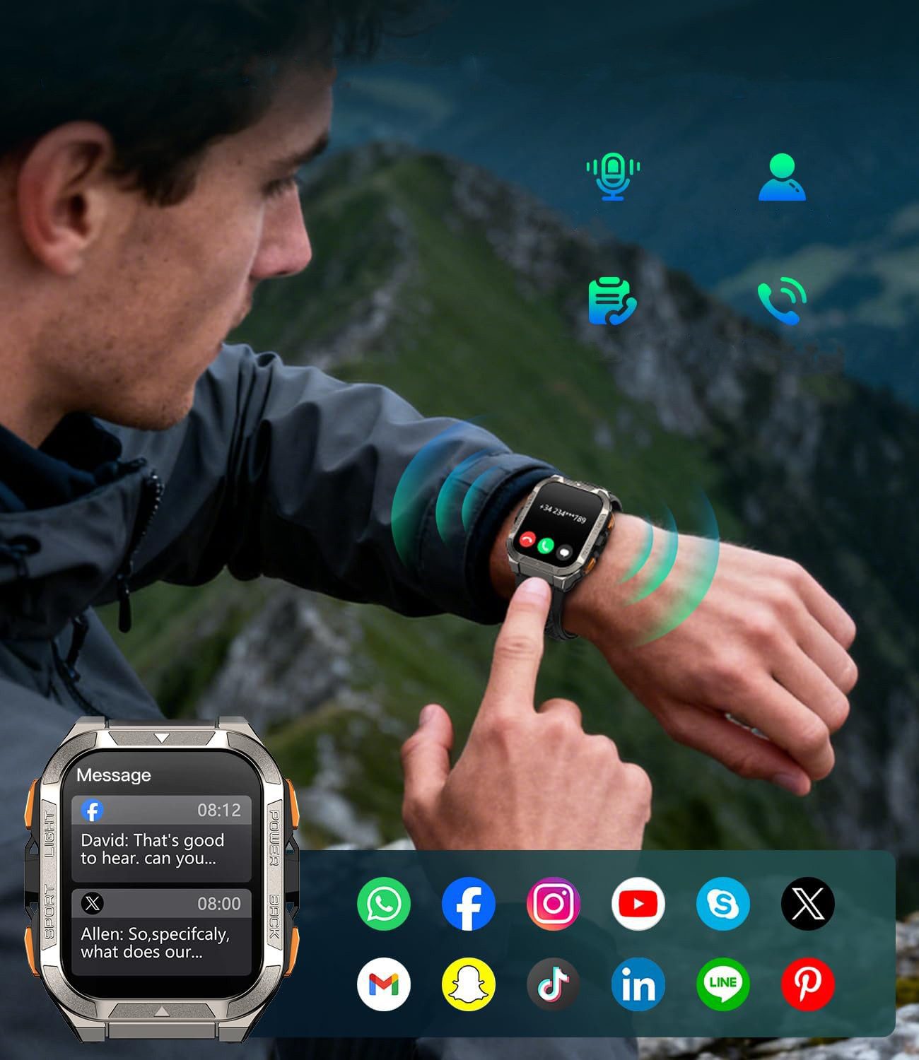 IOWODO Smartwatch Herren W80 Pro–GPS,Kompass 2.0,900mAh Akku,Bluetooth Anrufe Smartwatch Set, mit Wechselband aus weichemSilikon und Ladekabel, 15 Tage Akku,LED-Taschenlampe,SOS,IP68,Für Outdoor&Abenteuer,2 Armband