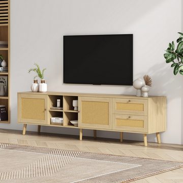 REDOM TV-Schrank Lowboard Fernsehtisch Landhaus (2 Rattan-Türen, 2 Rattan-Schubladen) aus Holz und Rattan, 180*40*55 cm, passend für 80 Zoll TV-Gerät