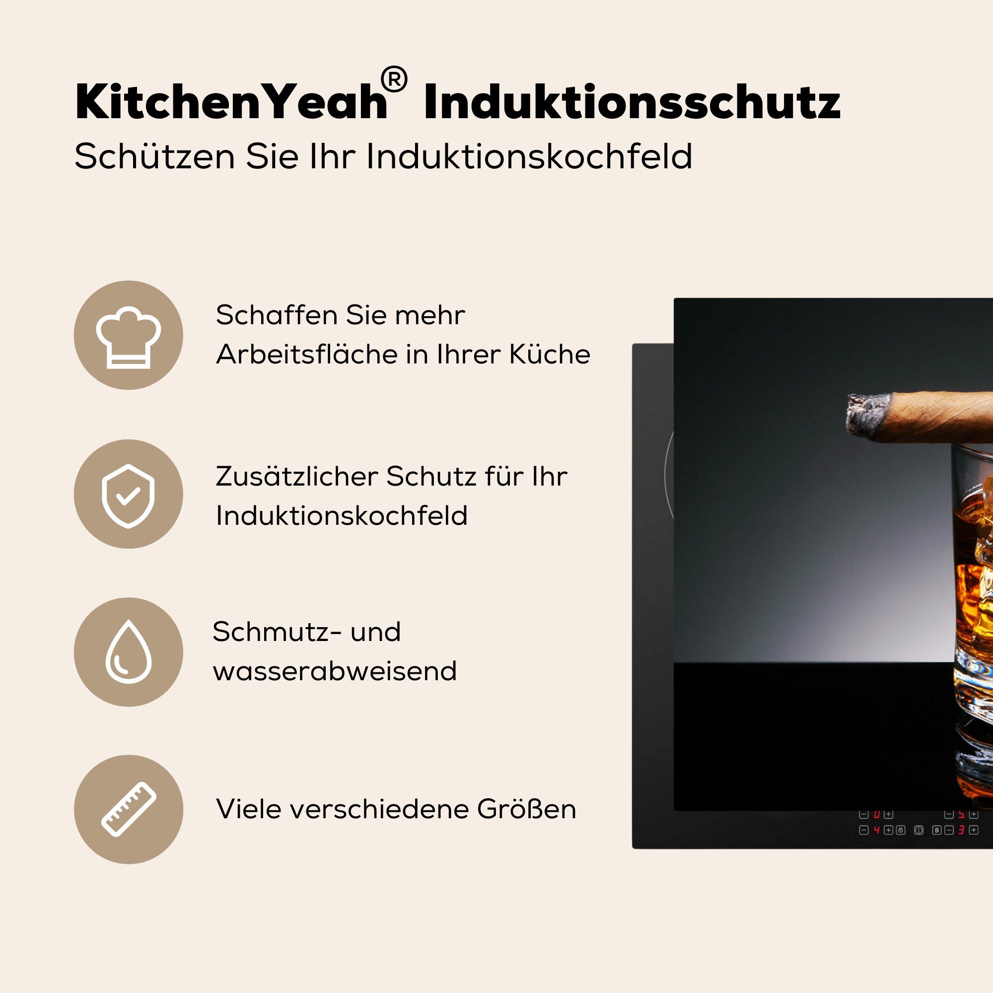 MuchoWow für Induktionsschutz - Ceranfeldabdeckung Whiskey küche, Herdblende-/Abdeckplatte Zigarre - - cm, Schutz Vinyl, Induktionskochfeld tlg), (1 81x52 die Glas,