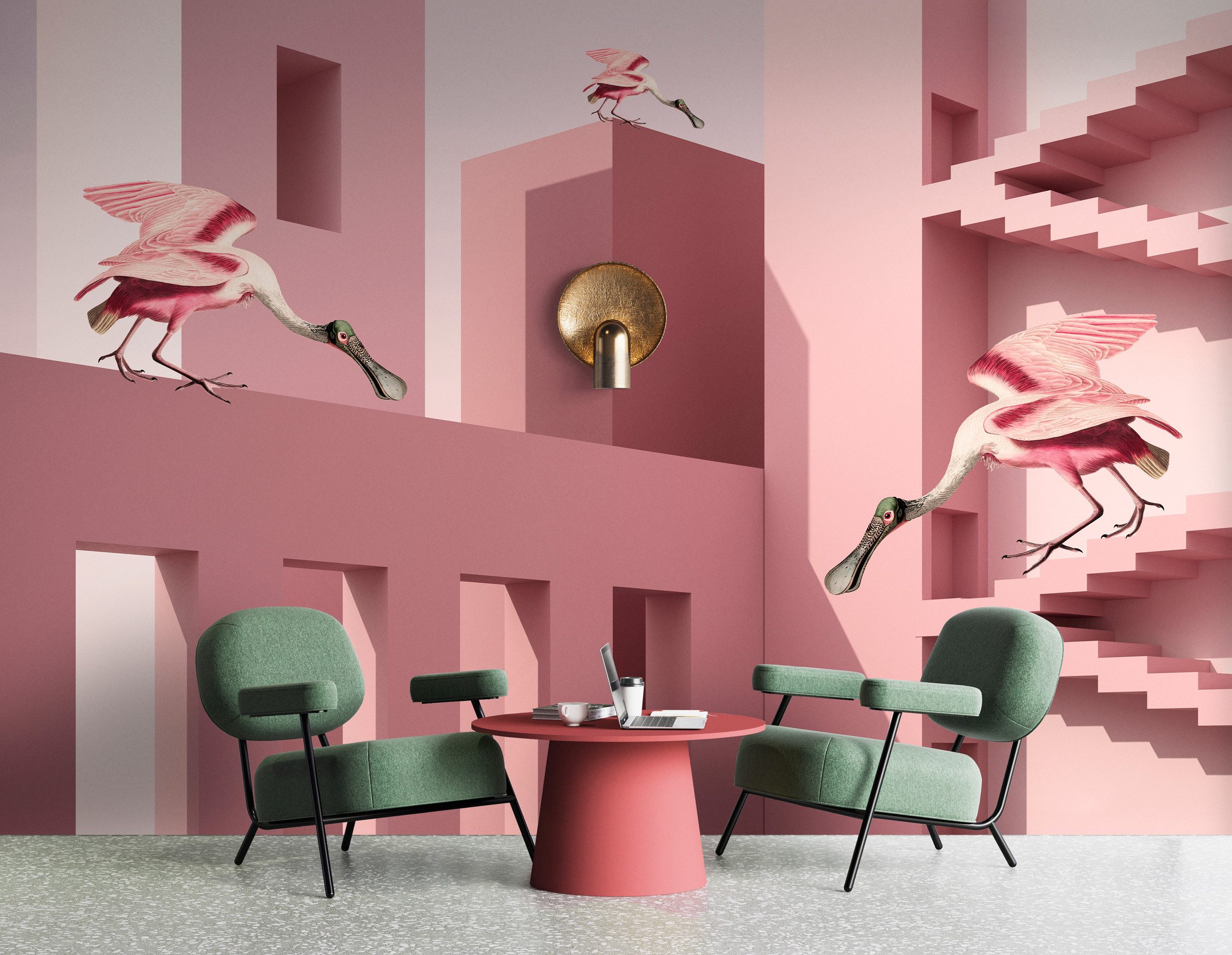 living walls Vliestapete Fototapete Flamingos Architektur Rosa modern, glatt, matt, (1 St)