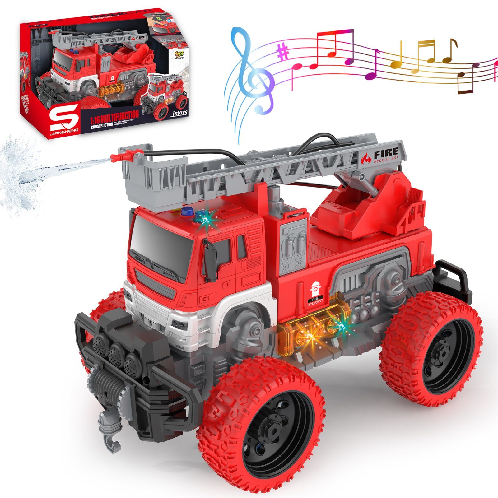 Esun Spielzeug-Feuerwehr Feuerwehrauto Feuerwehr Spielzeug ab 2 3 4 Jahre,  mit Wasserspritze, (Set, Komplettset), Feuerwehr Auto Kinder mit Licht &  Sound, 1:16