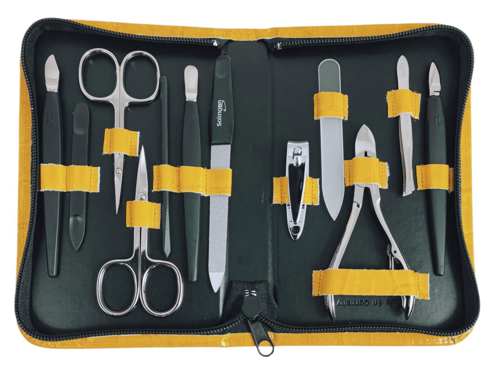 EloModa Maniküre-Kosmetik-Etui 12teiliges Solingen* Maniküre Set mit Leder-Etui Nagelpflege, Made in, 12 tlg., Made in Germany, Solinger Qualität, Echtleder-Etui, Gehärteter Stahl