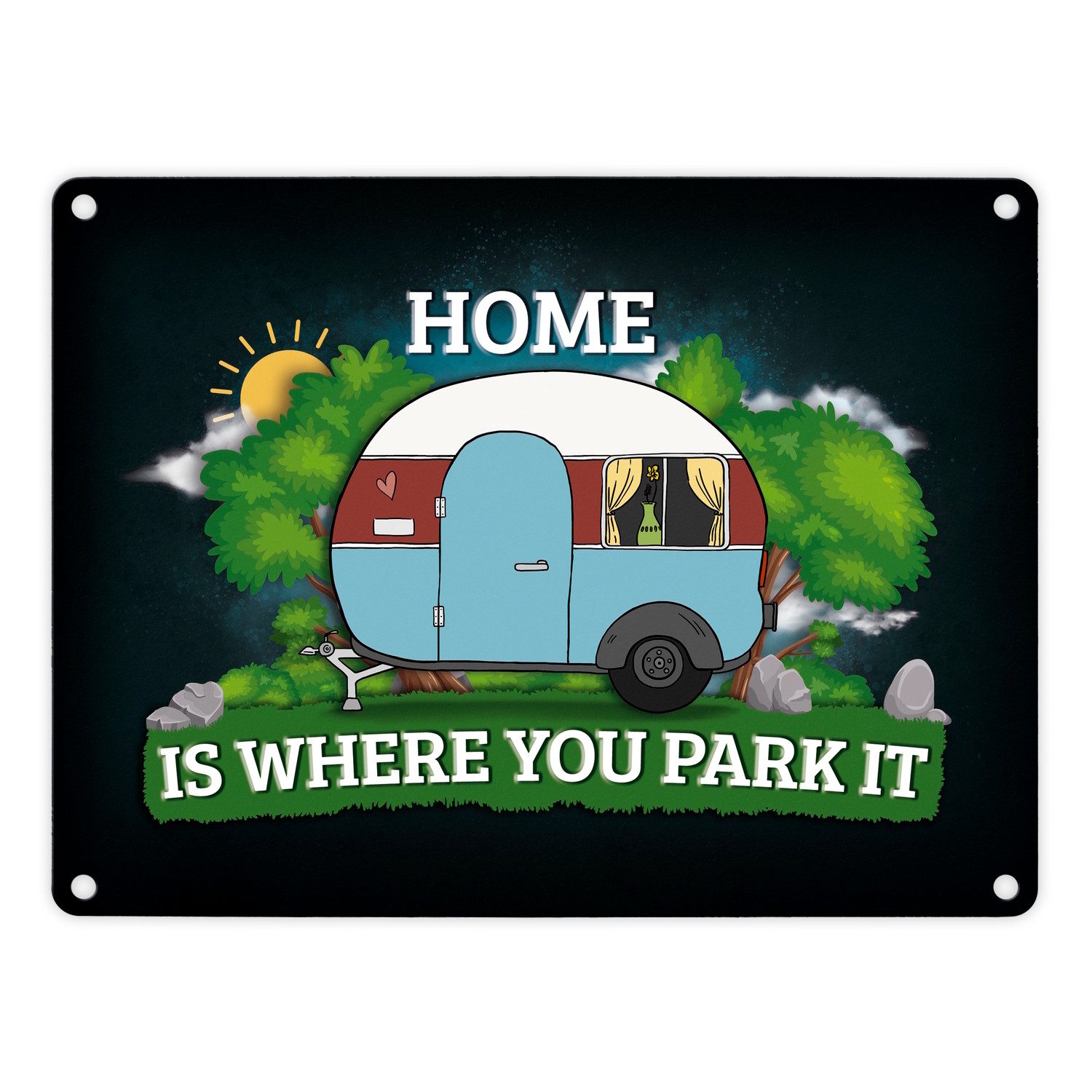 speecheese Metallschild Home is where you park it Metallschild mit Camping Motiv Wohnwagen