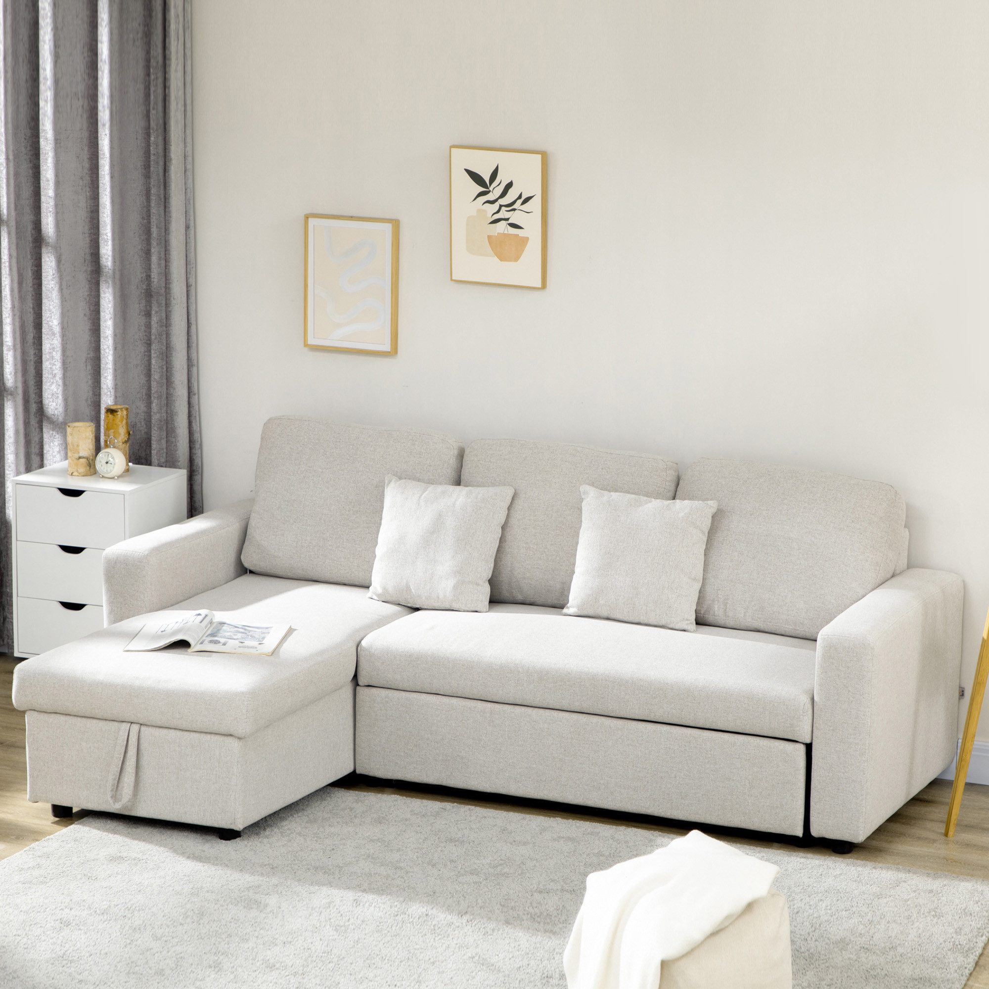 HOMCOM Ecksofa mit Bettfunktion, Stauraum, 2 Kissen, L-Form, Eckcouch aus Leinenstoff 1 Teile, für Wohnzimmer, 225 x 140 x 88 cm, Cremeweiß