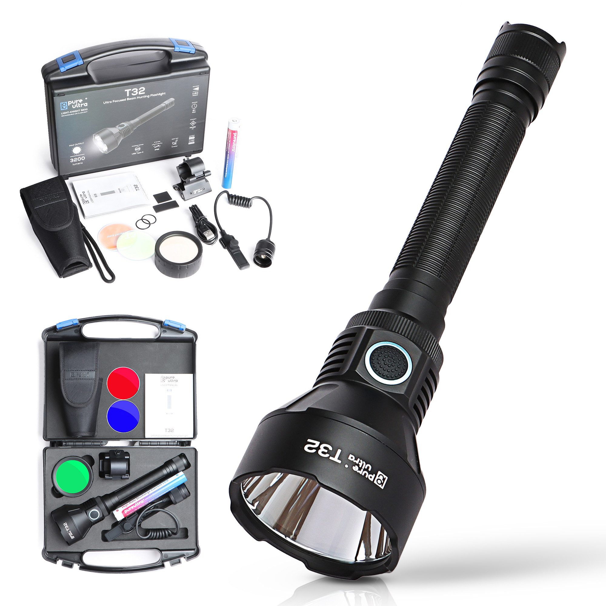 PureUltra LED Taschenlampe T32 (Full-Kit), 3200 Lm fokussierter Beam · 1150 m Reichweite · RGB Filter · IP68