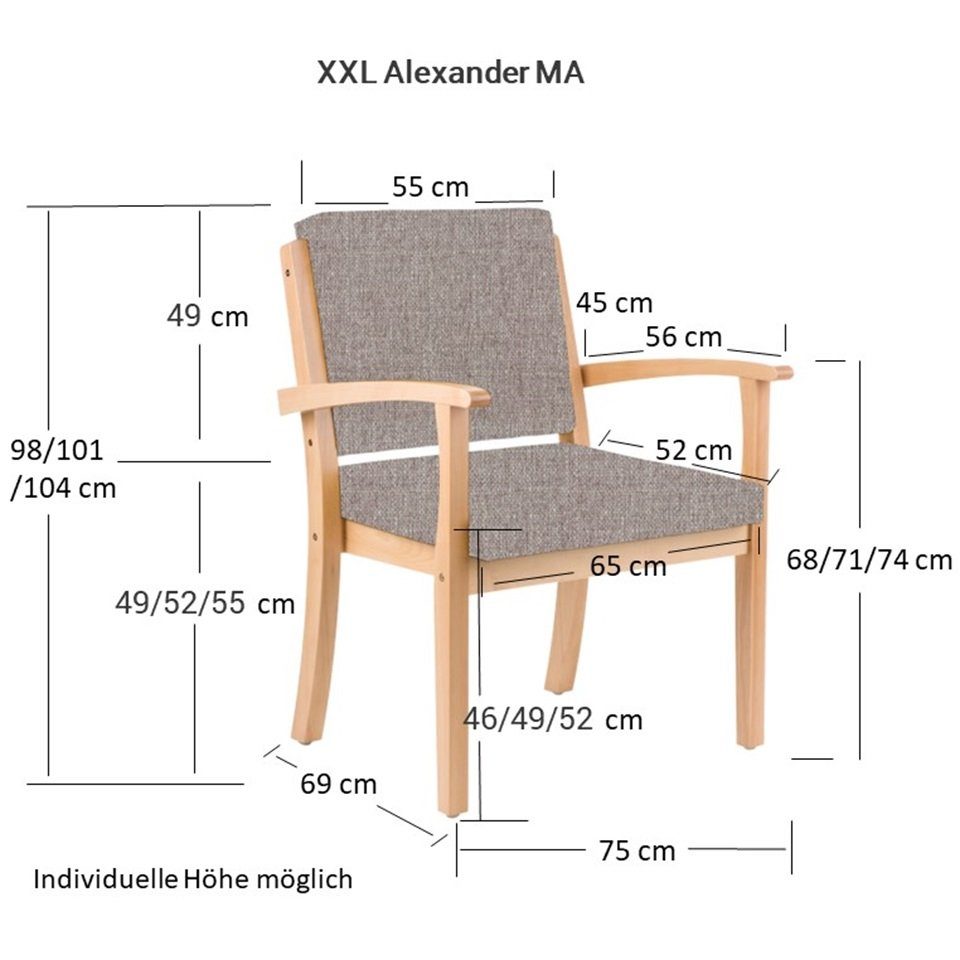 einrichtungsdesign24 Armlehnstuhl Schwerlaststuhl für Armlehnen mit starke Rückenlehne Kariba Stoff Schwergewichtige Alexander 250kg, Sitzfläche, geneigte Beine, bis geneigte Beige Massivholz, extra