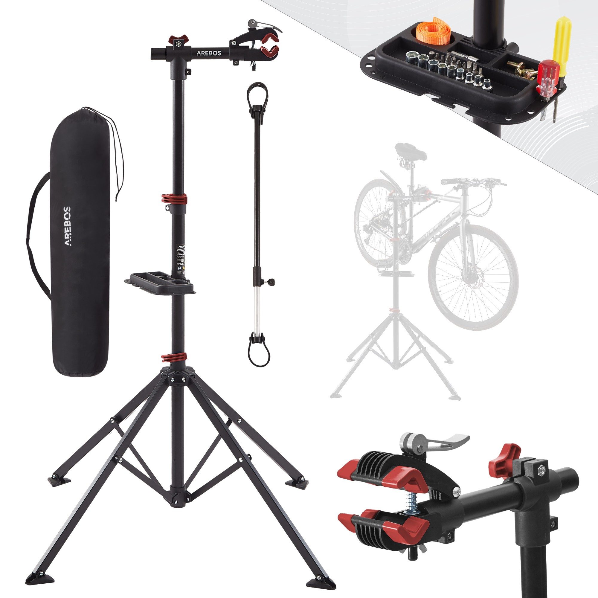 Arebos Fahrrad-Montageständer E-Bike ständer mit Tragetasche, 360° rotierbar, Belastbarkeit 30 kg, Höhe: 112,5-188,5 cm