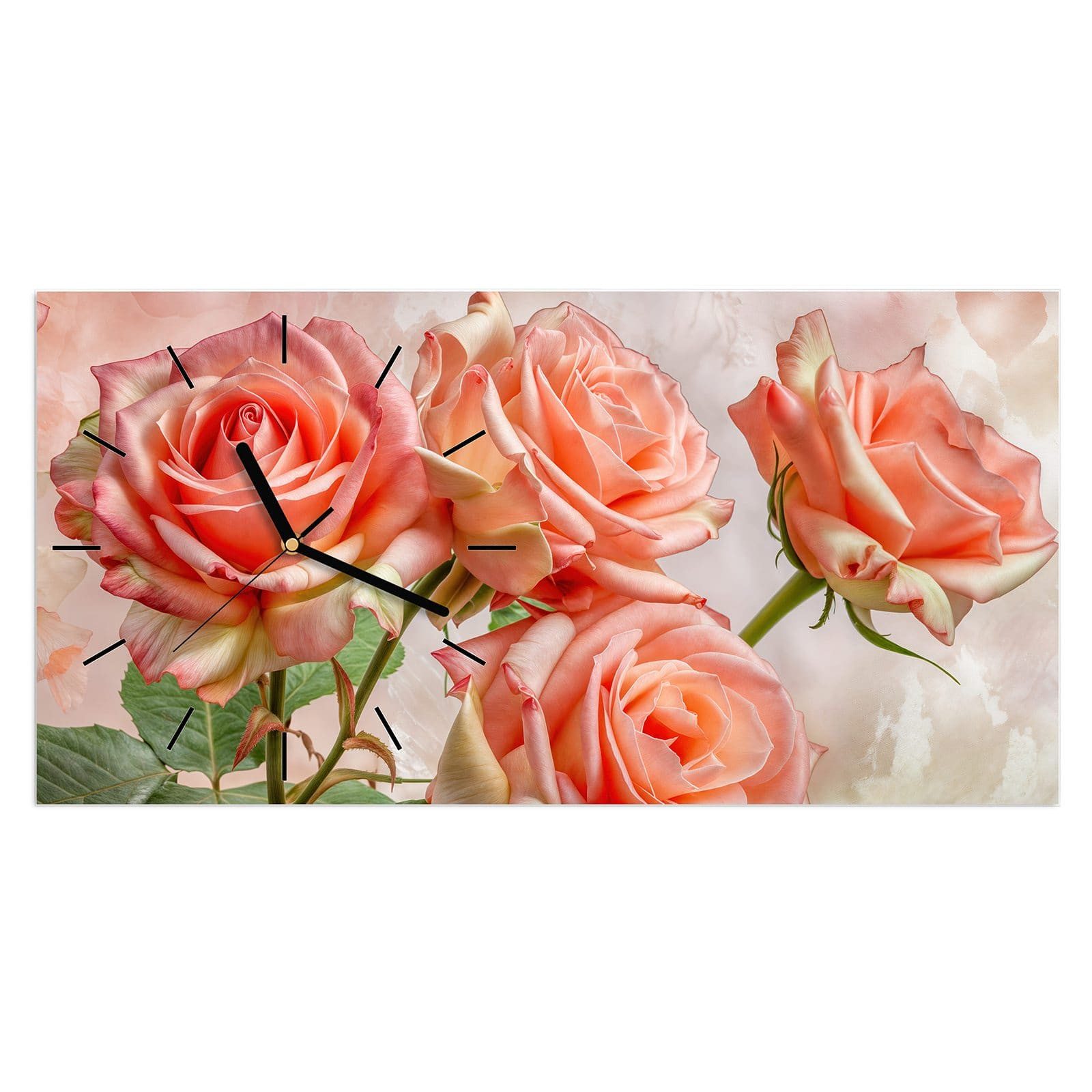 Wanduhr Glasuhr Wandkunst Größe 60 x 30 cm mit Motiv Rosen Bouquet